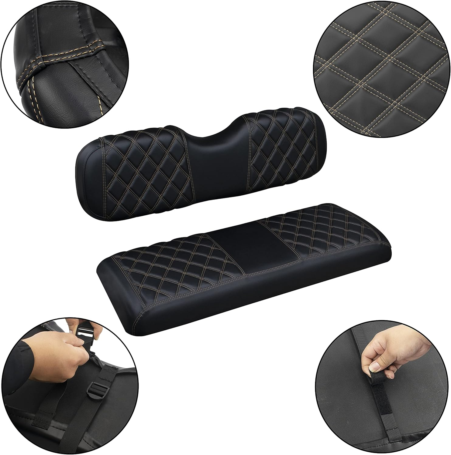 NOKINS Golf Cart Diamond Vinyl Seat Covers, Fit Club Car Precedent DS EZGO RXV TXT Yamaha Drive Aftermarket Regular Rear Seat Cushion, No Stapler, Multiple Colors and Breathable (Black&Brown Stitch) image number 4