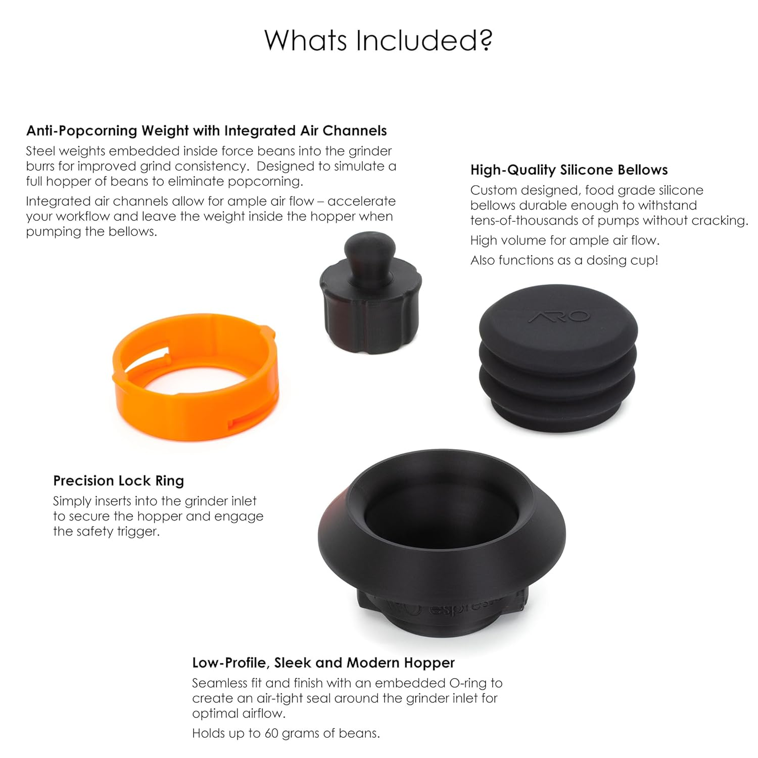 Single Dose Hopper with Silicone Bellows and Anti-Popcorning Weight | Compatible with Breville Barista Express, Pro, and Touch | Black