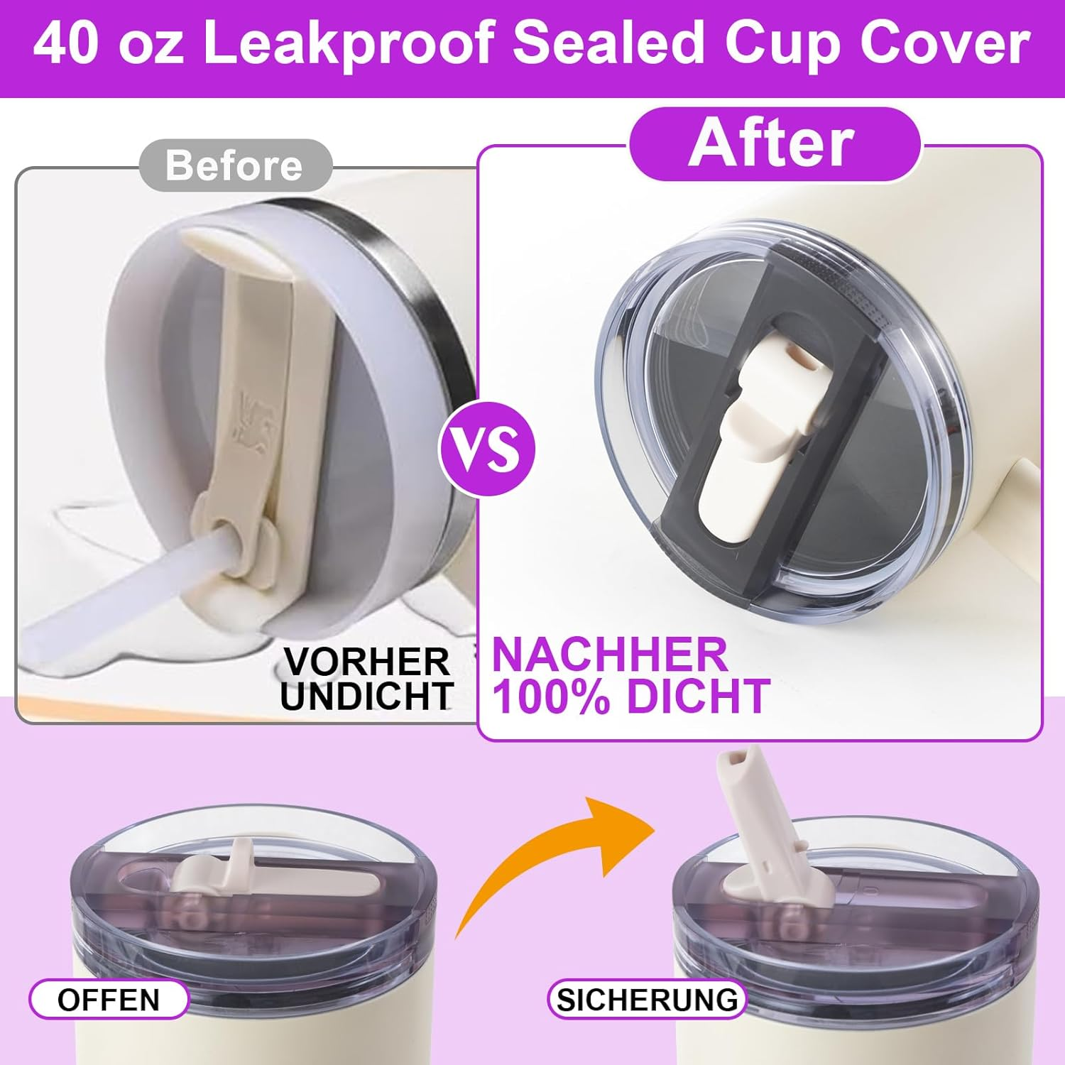 2Pcs 40 Oz Lid Leak-Proof for Stanley Cup - Tumbler Detachable Flip Straw Lid, Lids Replacement Accessories for Stanley Cups, Cup Accessories, Set with Cover(Rose) image number 2