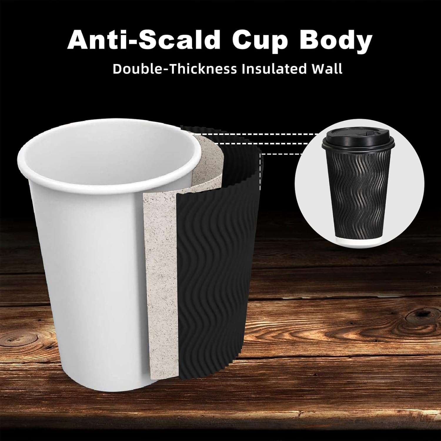 TNGAMFGT 12Oz Ripple Wall Paper Cups,100 Pcs Disposable Paper Coffee Cups with Lids,Hot Drinks, Cold Drinks, Juice Tea，Ideal for Home, Parties, Weddings（12Oz，100 Pack，Black） image number 2