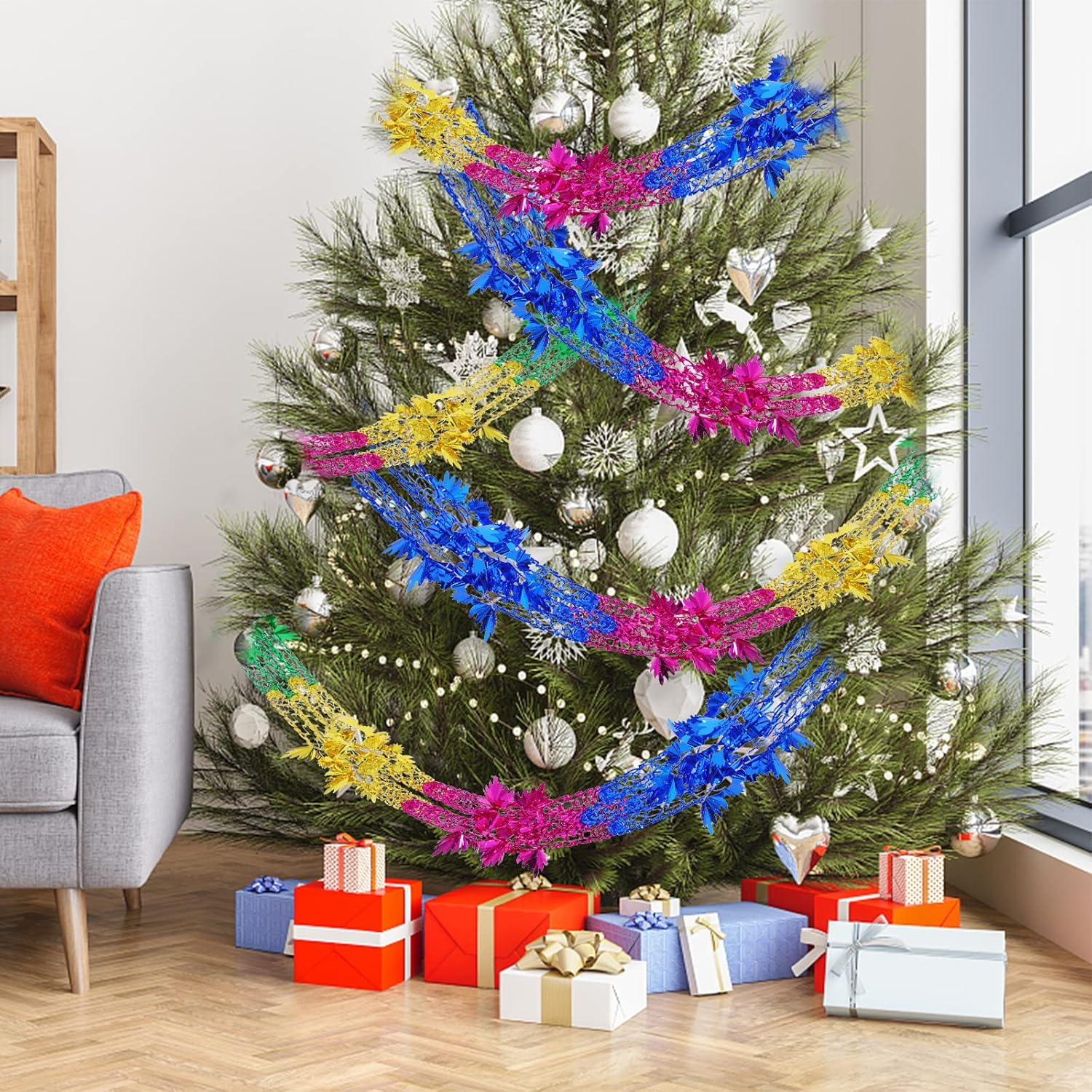 4Pcs Christmas Foil Decorations Garland Festive Hanging Tinsel Swirl Decorations for Indoor Outdoor Birthday Wedding Party Supplies, 8.2Ft image number 4