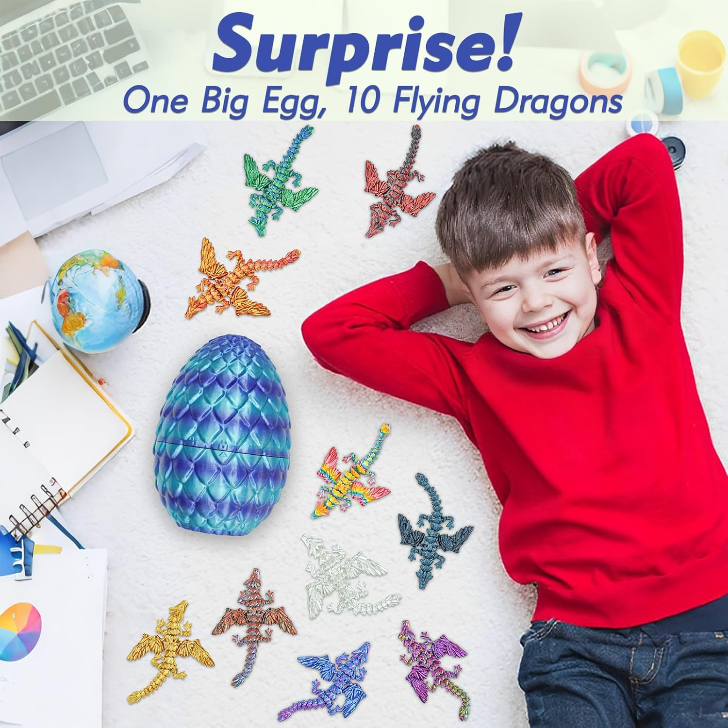 10Pcs Mini Flying Dragons in Dragon Egg 3D Printed Collectible Fantasy Toy Gift Set for Kids Boys Girls Teens Birthday Easter Christmas Stocking Party Favor Display(Starlit Blue) image number 3