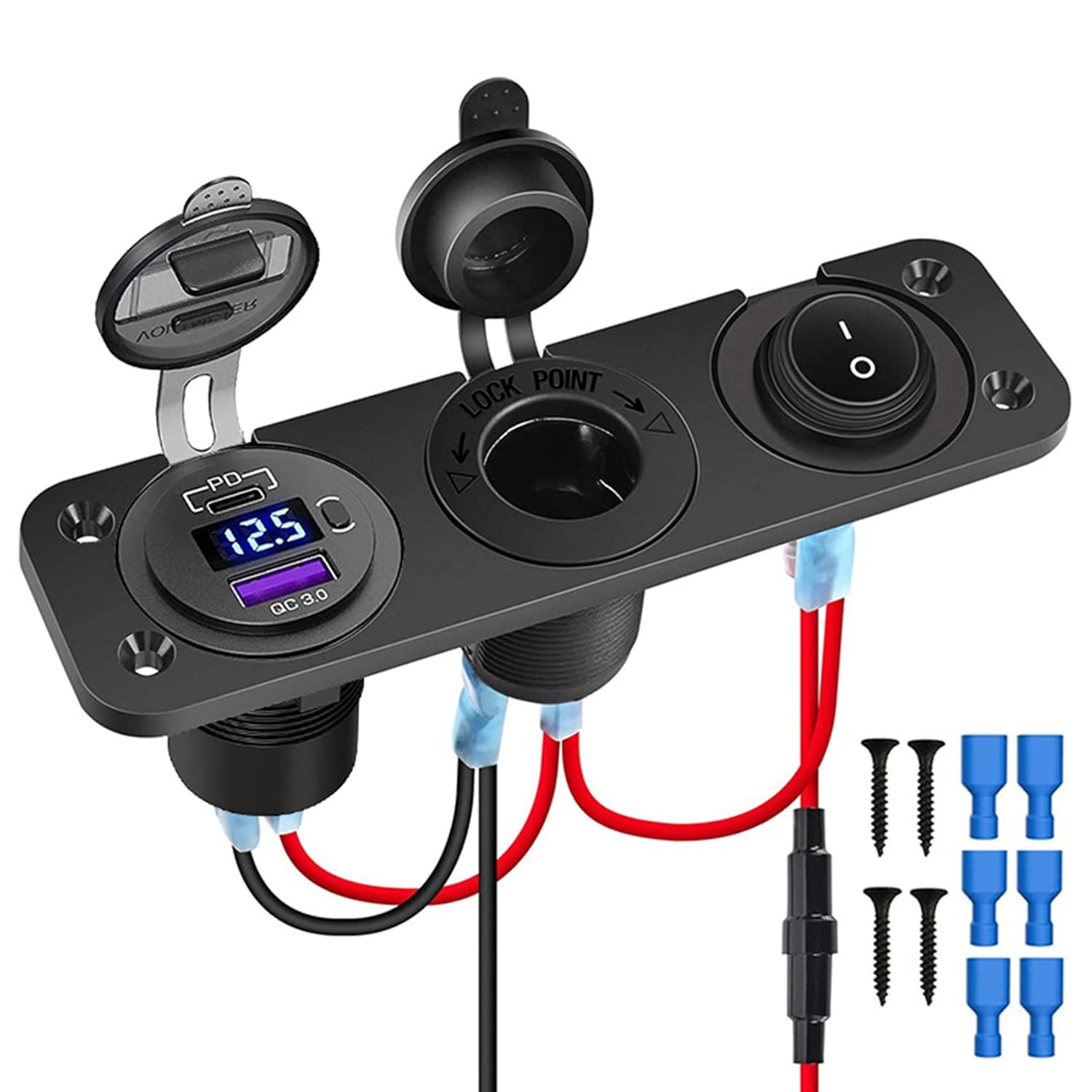 Lighter Socket 12V/24V with Rocker Toggle Switch PD&QC3.0 USB C Outlet with LED Voltmeter Waterproof for Car Boat A image number 1