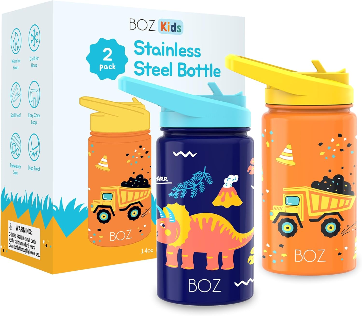 BOZ Kids Insulated Water Bottle with Straw Lid, Stainless Steel Vacuum Double Wall Water Cup, 14 Oz (414Ml). Scratch-Resistant Cute Print and Carry Handle, Bpa-Free and Dishwasher-Safe (Mermaid)