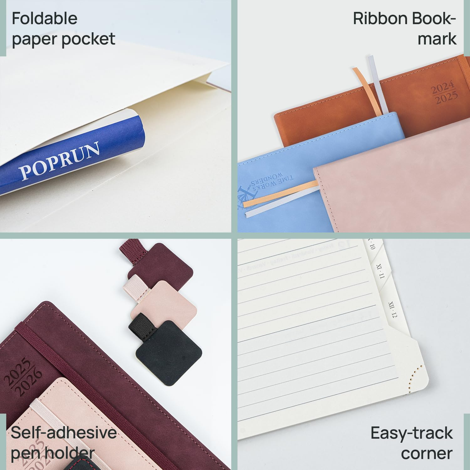 POPRUN Academic Diary Week to View 2025-2026 Large PU Leather Soft Cover 26.5 X 21.5 Cm - 25/26 Weekly Planner & Notebook in One, Inner Pocket, Monthly Tab (Lilac)