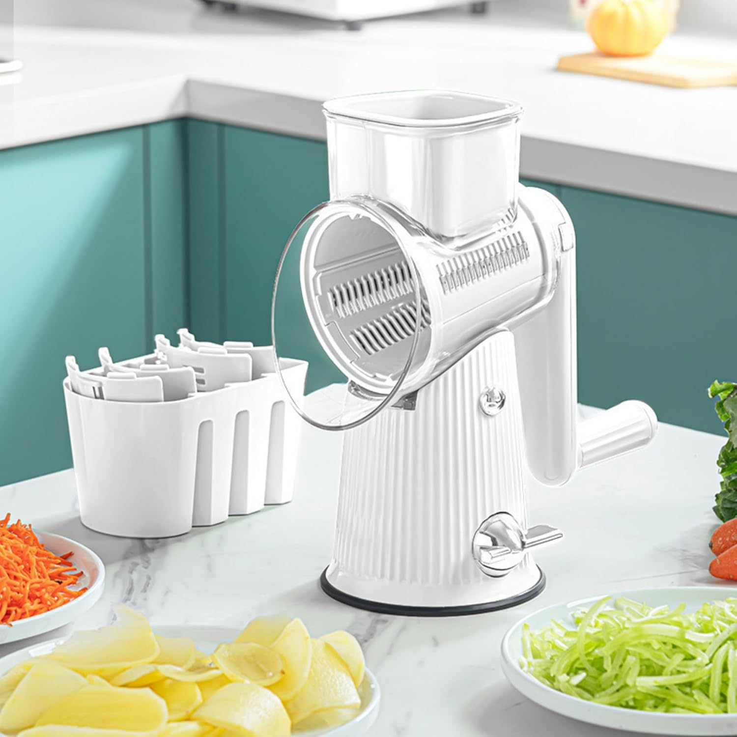 Tasmegol 5 in 1Rrotary Cheese Grater Hand Crank Food Shredder Vegetable Slicer with Handle for Kitchen （Green