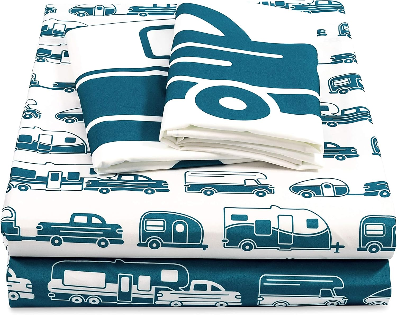 Camco Life Is Better at the Campsite Camper/Rv Queen-Sized Bed Sheet Set | Features Travel Trailer Print Design on White Background | Crafted of Soft-To-The-Touch Polyester | 4-Piece Set (53299)