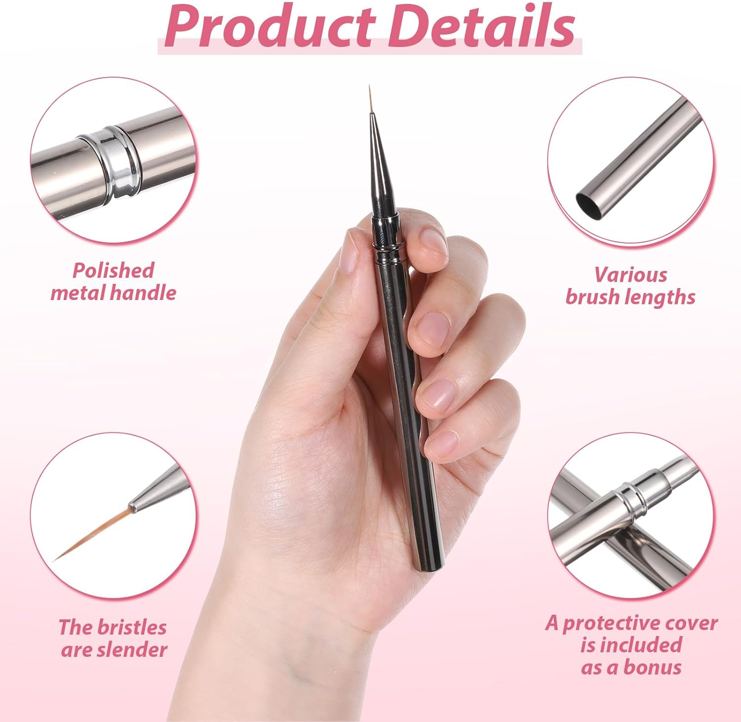 Metallic Nail Art Brushes, 5Pcs Liner Brushes for Nails Detail Brush Dotting Painting Tools Thin Nail Art Brush for Gel Polish Long Lines Thin Details Fine Drawing, Sizes 6/9/12/15/18Mm (Silver) image number 5