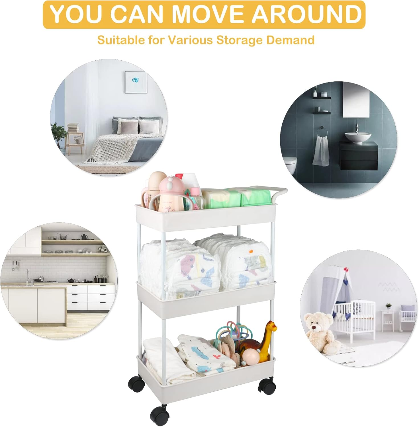 Volnamal Baby Diaper Caddy, Plastic Movable Diaper Cart Newborn Nursery Essentials Baby Diapers Organizer for Changing Table & Crib, Easy to Assemble, Beige (DH02W) image number 5