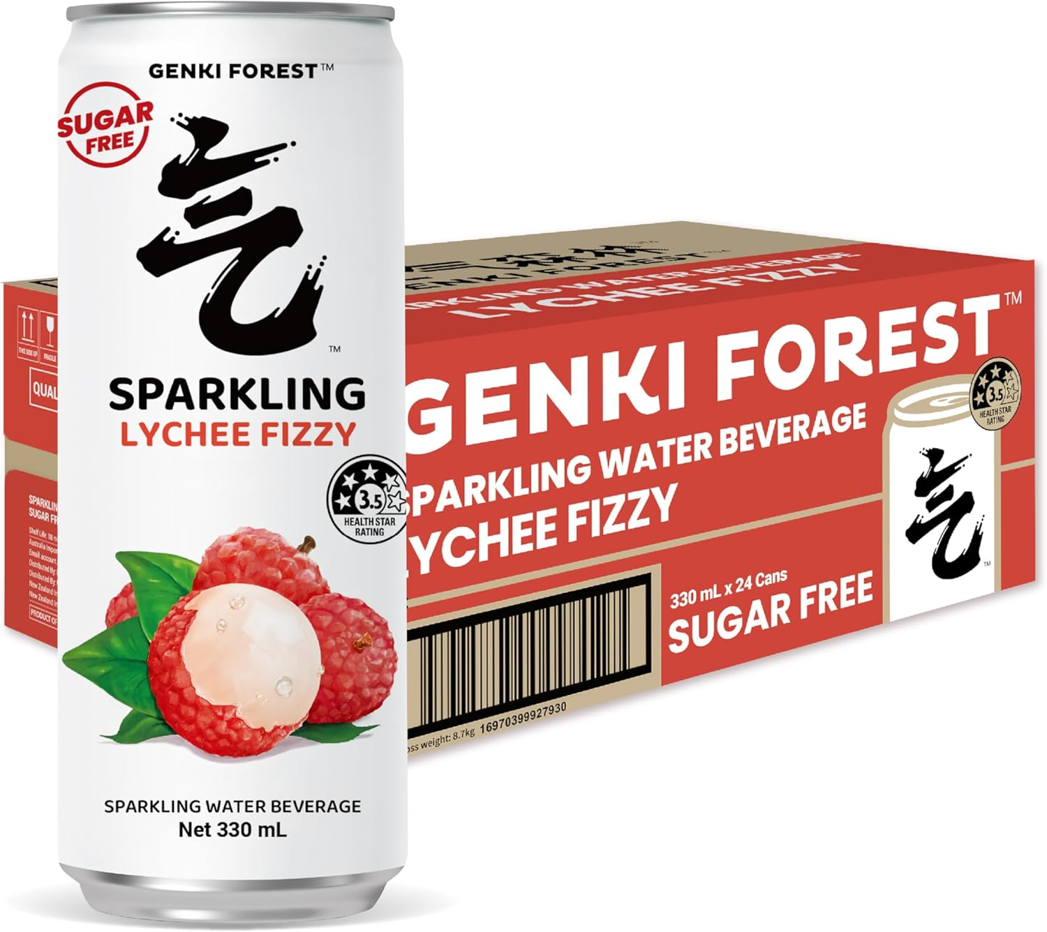 GENKI FOREST Lychee Fizzy Sparkling Water Beverage, Zero Sugar Drinks, 330Ml X 24 CANS image number 2