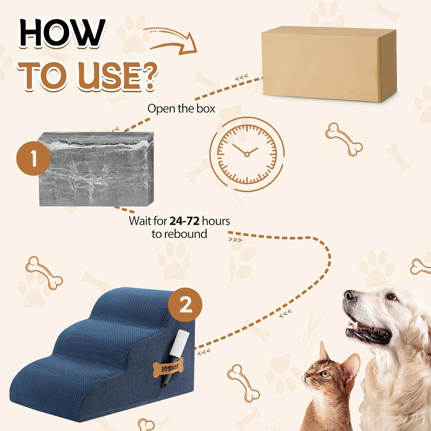 Romrol Dog Stairs Ramp for Beds Couches, Extra Wide Pet Steps with Durable Non-Slip Waterproof Fabric Cover, Pets Slope Stairs, 3-Tiers,Light-Grey, 15 Inch, Dusty Blue image number 3