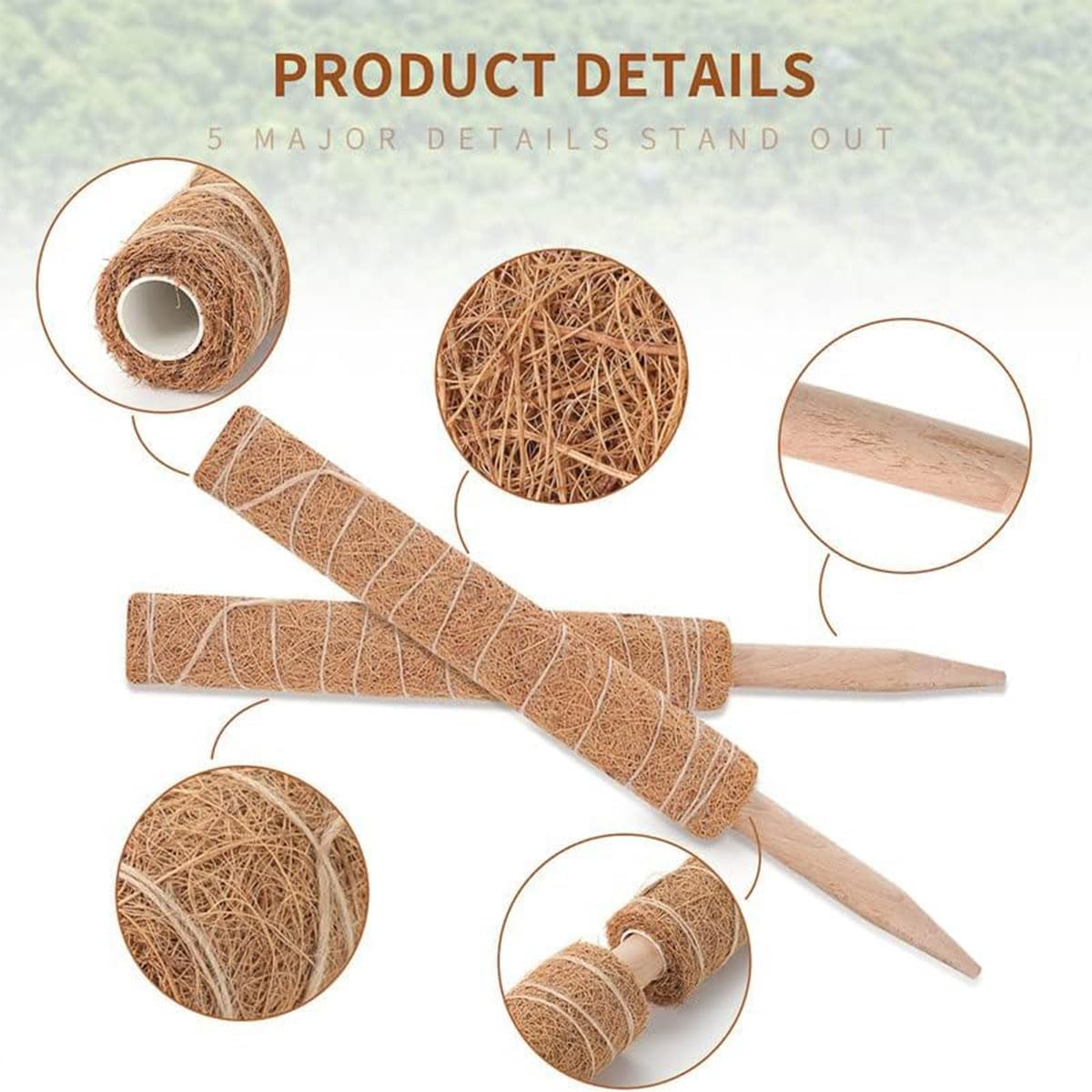 AIMALL 6 Pack Natural Coco Coir Climbing Pole 15.7In for Indoor Plants, Coconut Palm Stick Plant Support with Solid Wood Core for Potted Vine, Moss, Monstera, Rose image number 4