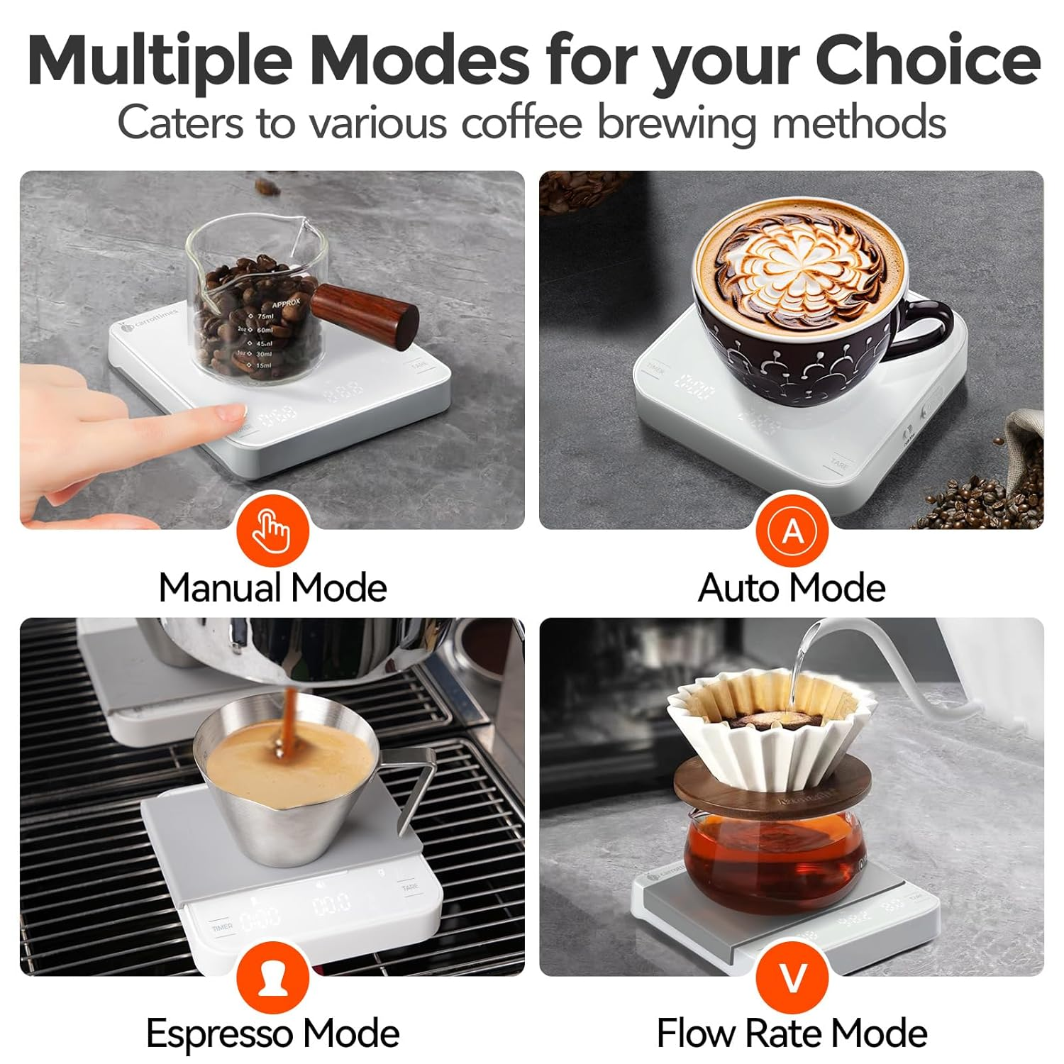 Carrottimes Rechargeable Mini Coffee Scale with Timer, 2Kg/0.1G Precision Espresso Scale, Portable Coffee Weight Scale W/ 4 Modes for Espresso and Pour-Over Coffee (White) image number 3