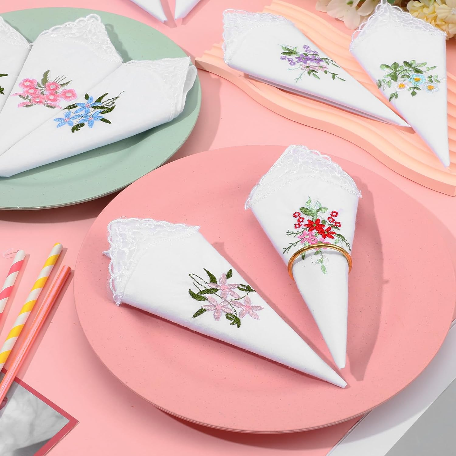 LXUEJIE 12Pcs Cotton Handkerchiefs for Women, Flower Embroidered with Lace Handkerchief White Ladies Hankies image number 3