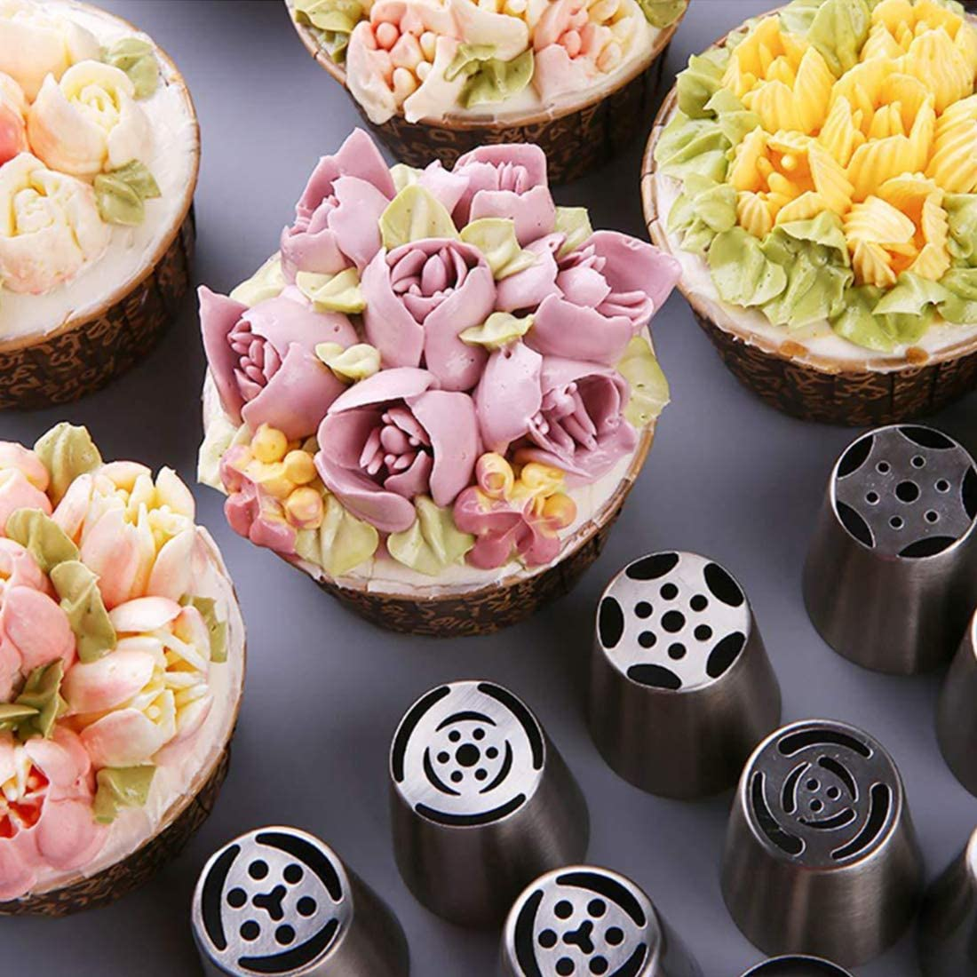 27-Pcs Russian Piping Tips Cake Decorating Supplies DIY Baking Supplies Set for Cupcake Cookies Birthday Party-12 Russian Nozzle 2 Leaf Piping Tips 2 Coverter 1 Pastry