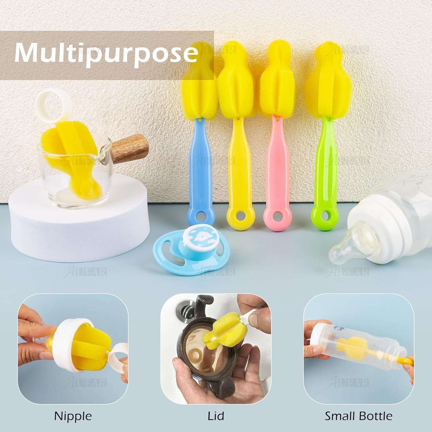 AUEAR, Milk Bottle Nipple Brushes Pacifier Sponge Cleaning Small Brush Cleaner Set for Bottles and Accessories (10 Pcs)