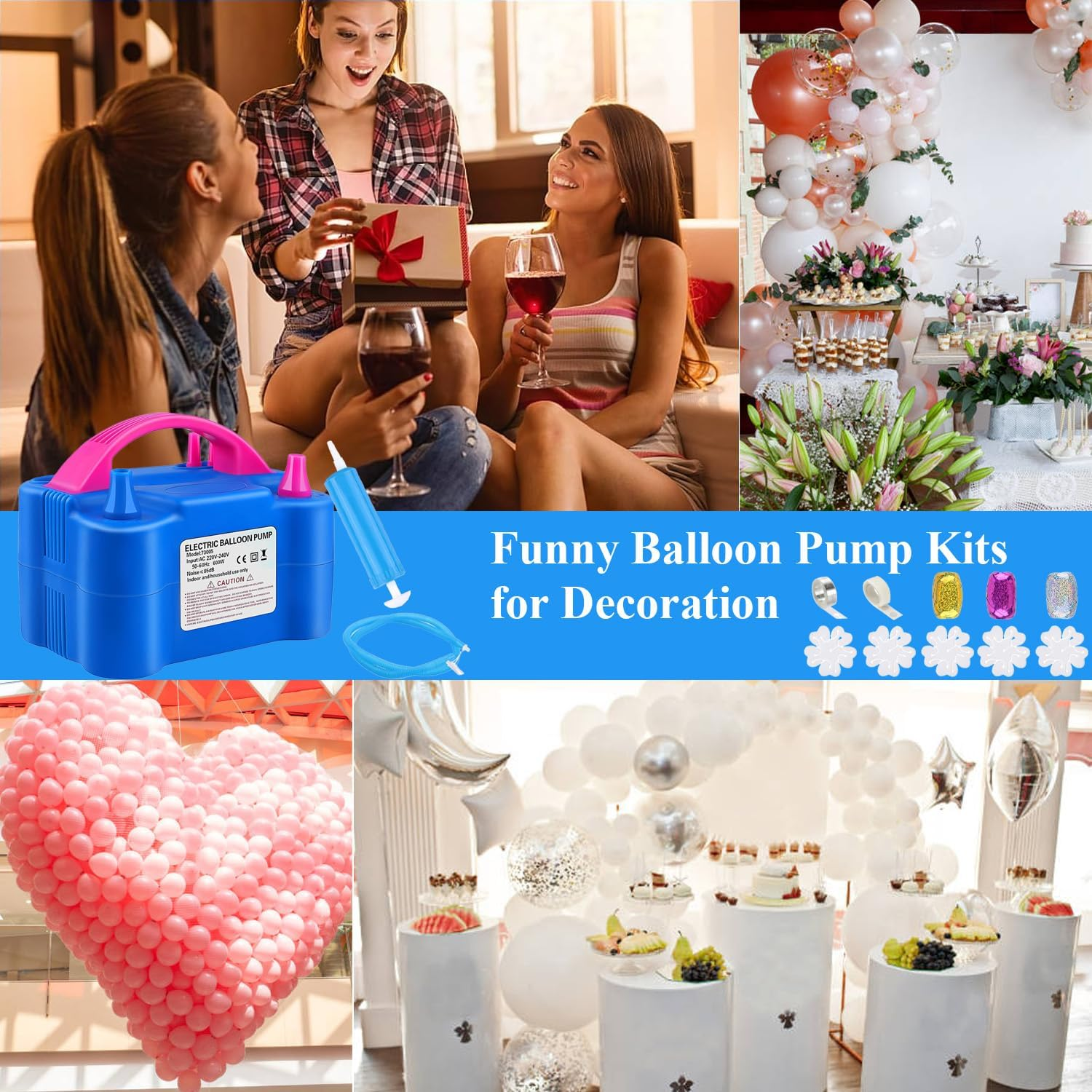 NOAEOU Electric Balloon Pump, Dual Nozzle 220V-240V 600W Balloon Inflator Portable Air Pump Balloon Blower with Tying Tool for Party Decorations image number 3