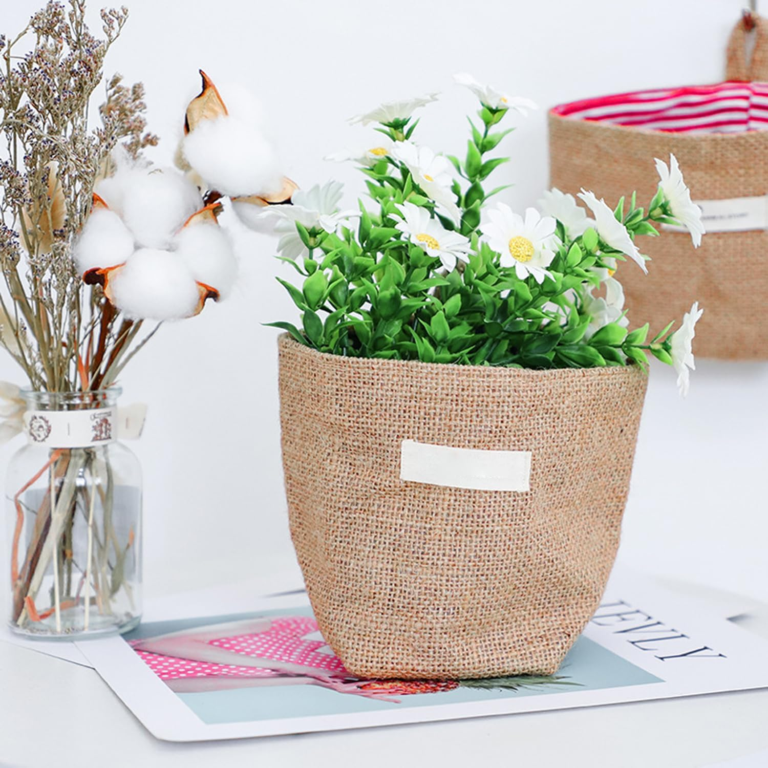 4 Linen Hanging Bags, Storage Bags, Hanging Storage Baskets, Desk Organisation, Foldable Storage Baskets, Removable and Foldable, with S Hooks, Toy Storage image number 3