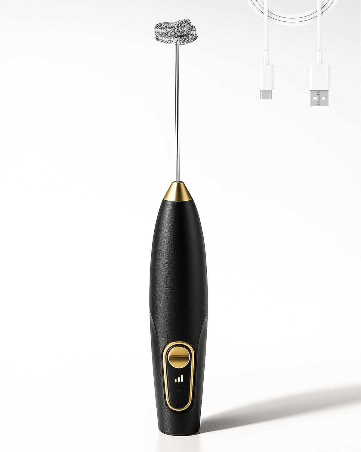 Handheld Milk Frother Rechargeable Electric Drink Mixer Powerful Quiet Operation 3 Speed Settings USB Fast Charging Mini Size (Black with Stand)