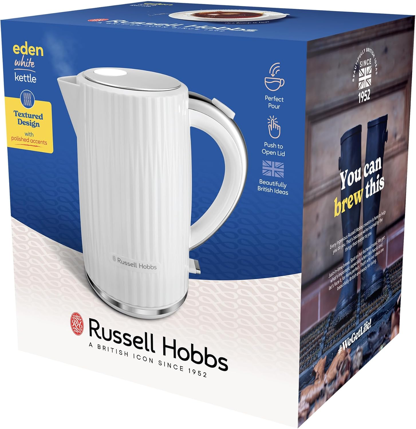 Russell Hobbs Eden Kettle, RHK2736WHT, Textured Design, Push to Open Lid, 360&deg; Base & Cord Storage, Water Window with Gauge, 1.7L Capacity, White image number 2