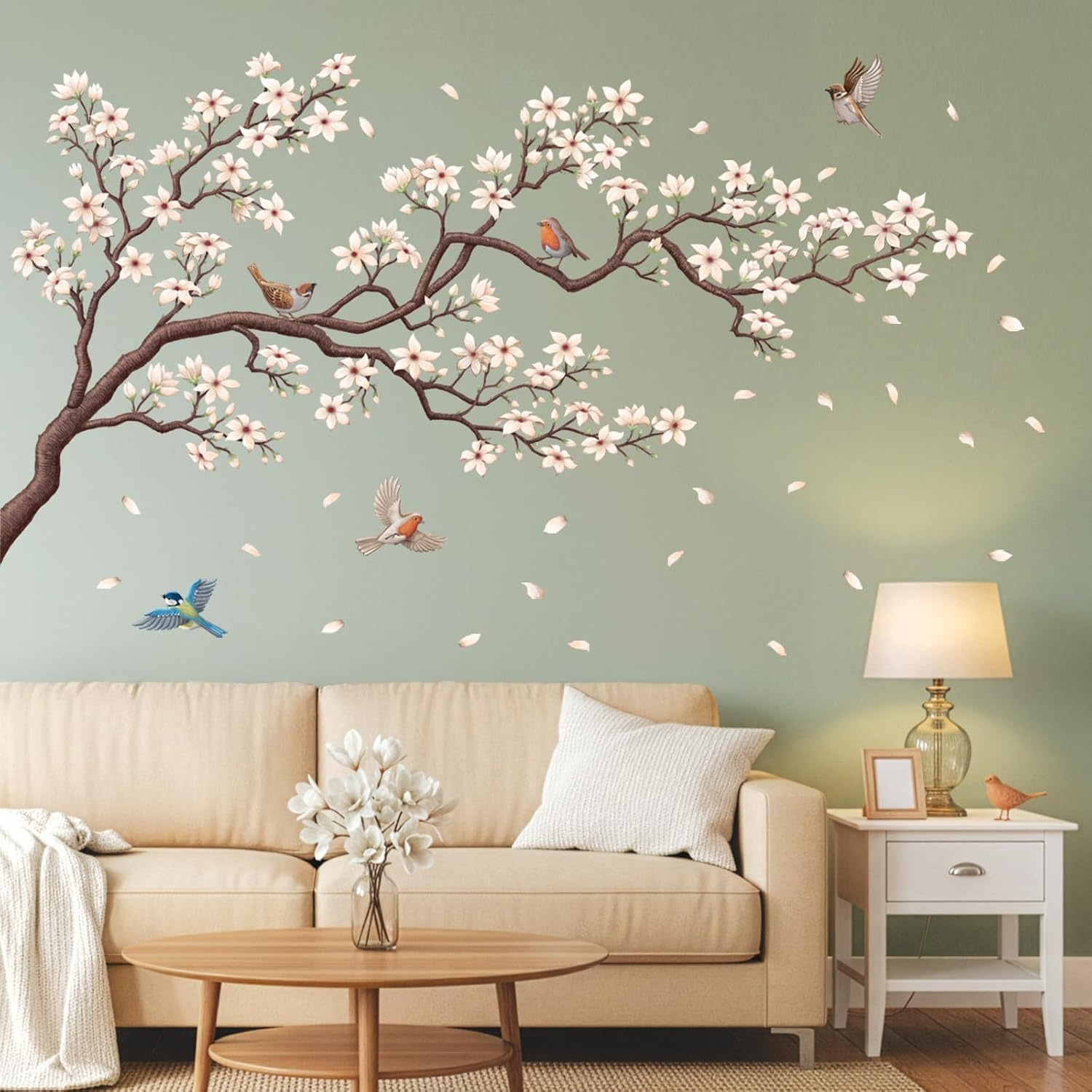 DECOWALL SG2-2424 White Cherry Blossom Branch Wall Stickers Removable Decals Nursery Bedroom Living Room Art Home DIY Decor Floral Birds Murals Colorful Oriental Decoration image number 5