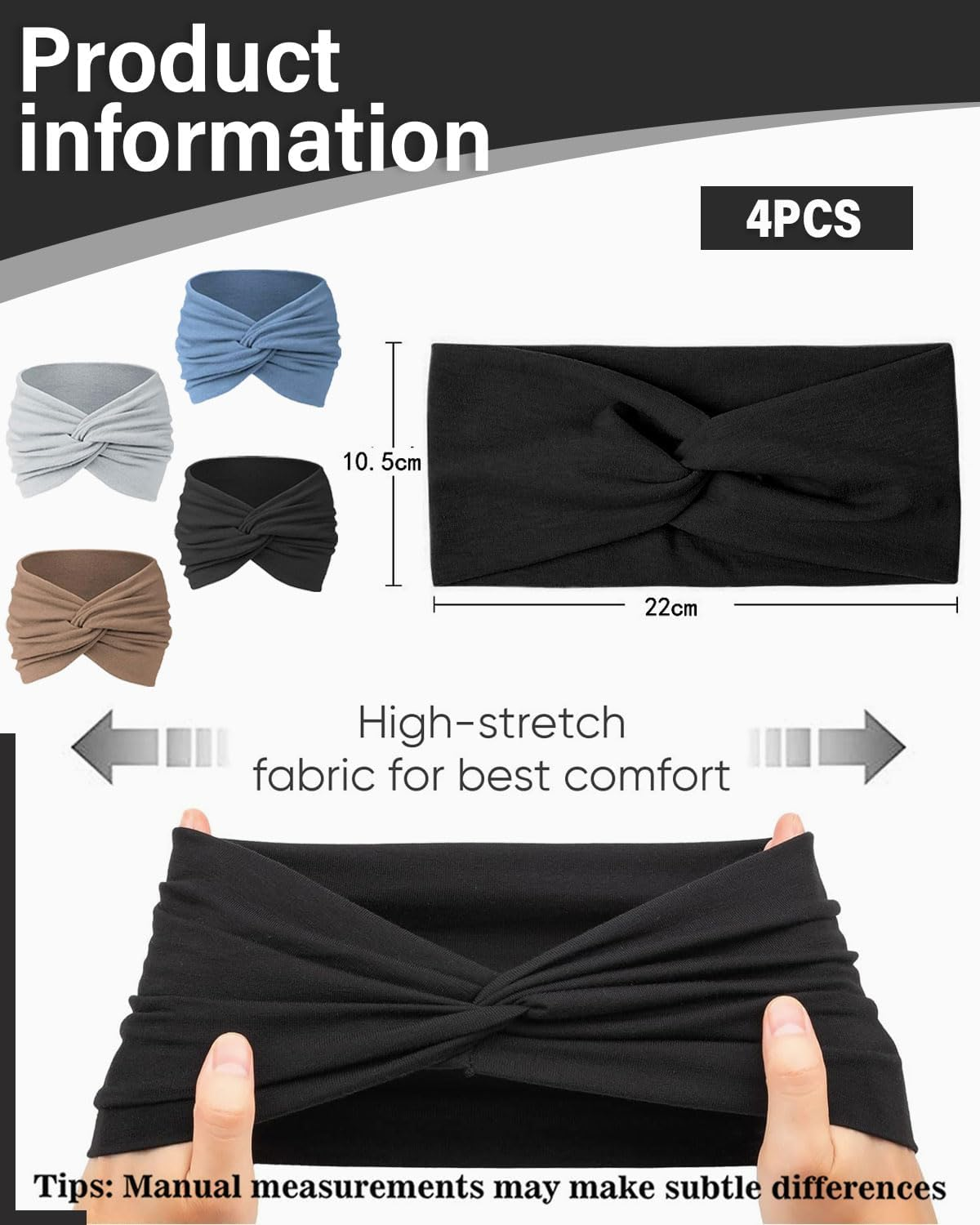 FUGLUS 4 Pieces Fashion Headbands for Women, Elastic Soft Headbands, Extra Wide Hair Bands, Headband, Multicoloured Head Wrap for Everyday Yoga, Sports, Fitness, Cosmetics, Boho Hair Accessories