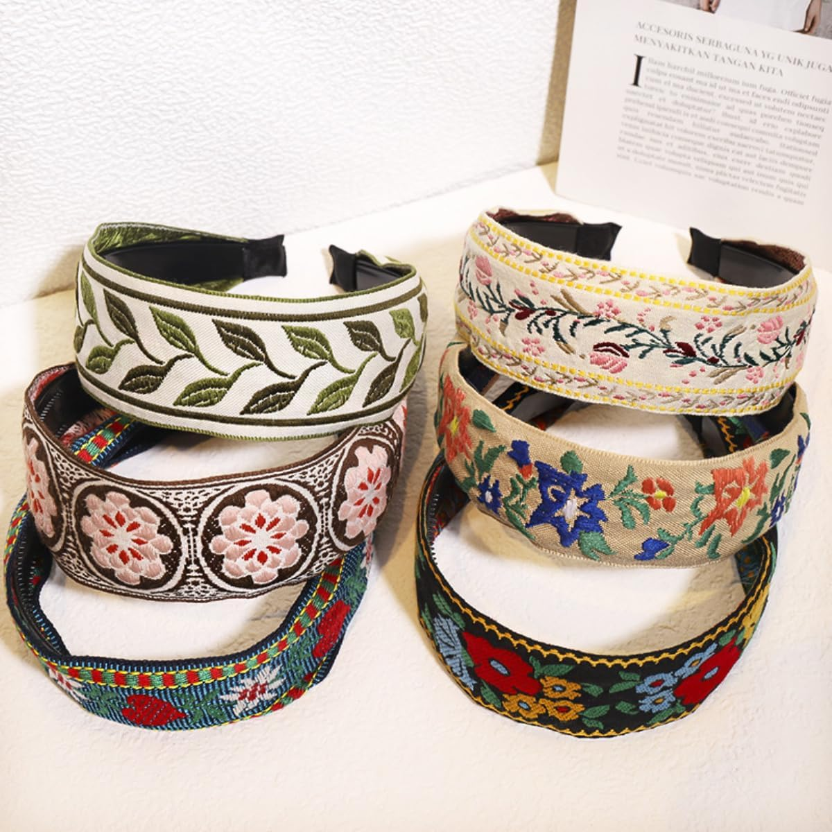 Women'S Vintage Flower Headband, Bohemian Embroidered Headband, Wide Hairband with Teeth, Non-Slip Hair Accessories for Costume, Shower, Yoga, Black, Pack of 1