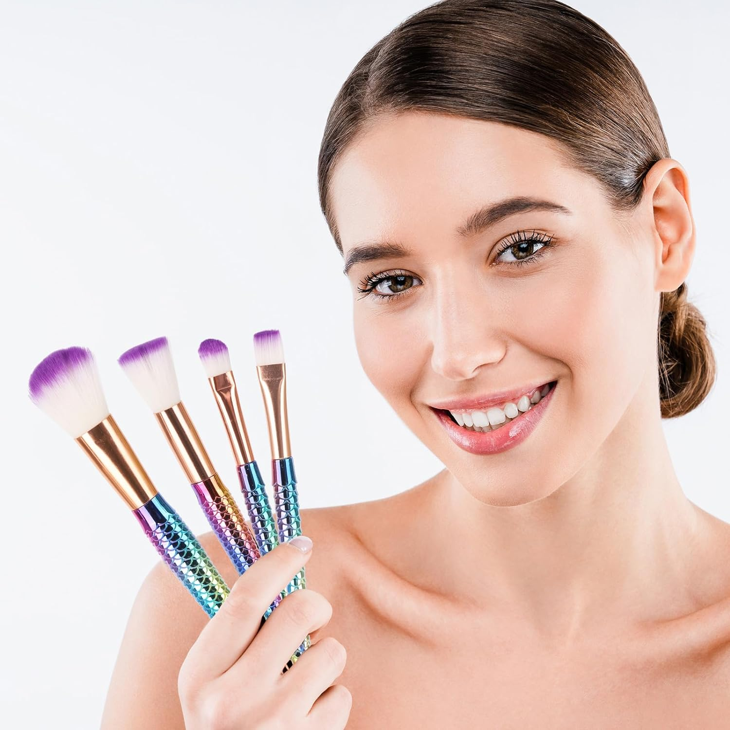 10 Pcs Mermaid Makeup Brushes, Premium Synthetic Foundation Powder Concealers Eye Shadows Blush Makeup Brush Set image number 2