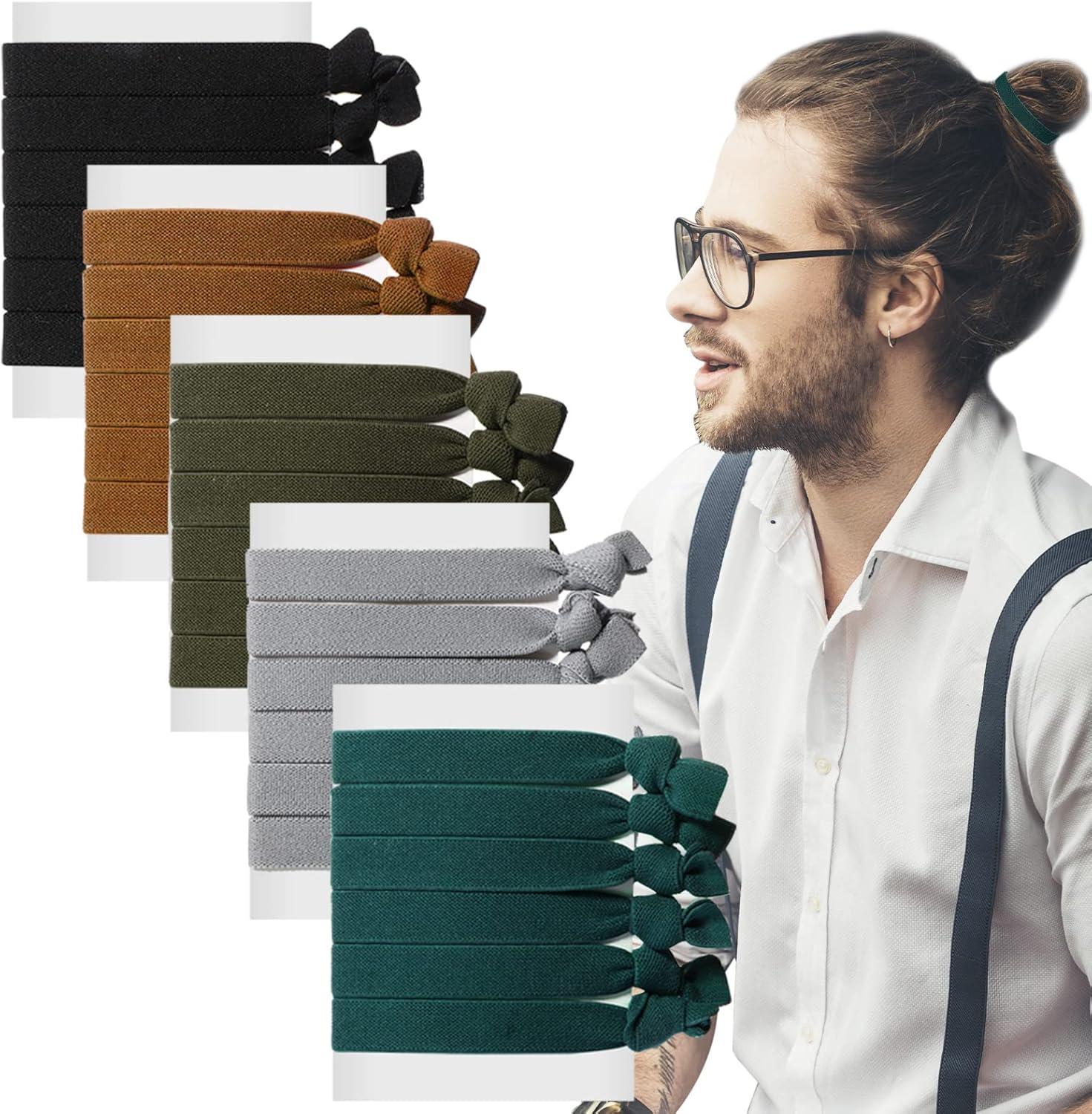 Juexica 30 Pcs Knotted Mens Hair Ties, Elastic Flat Man Bun Hair Tie for Men, Hair Ties for Long Curly Long Hair (Multicolored)