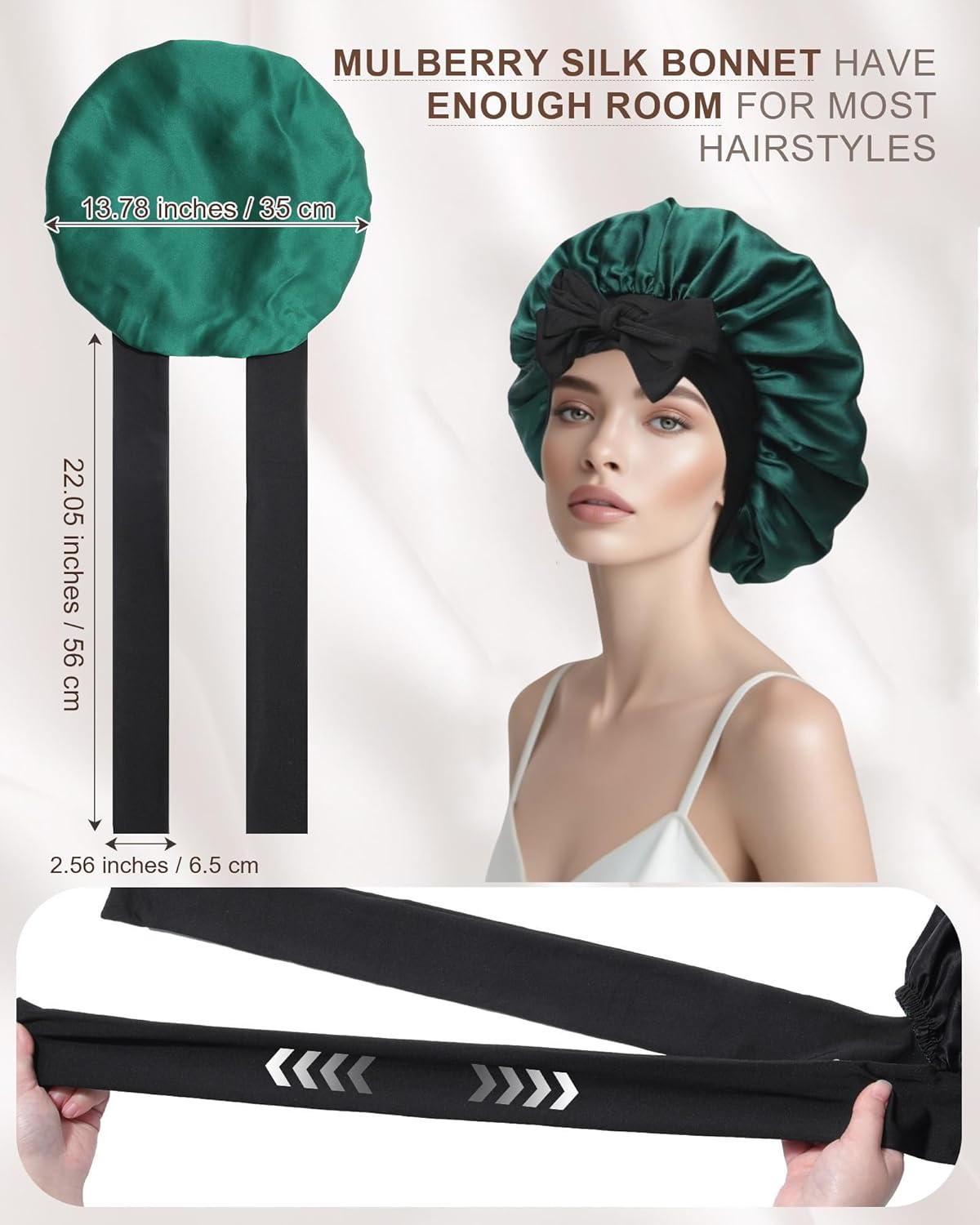 Anicika 100% Silk Bonnet for Sleeping, 22 Momme Pure Mulberry Silk Hair Bonnet Natural Silky Women Sleep Cap with Elastic Reversible Hair Wrap Green image number 3