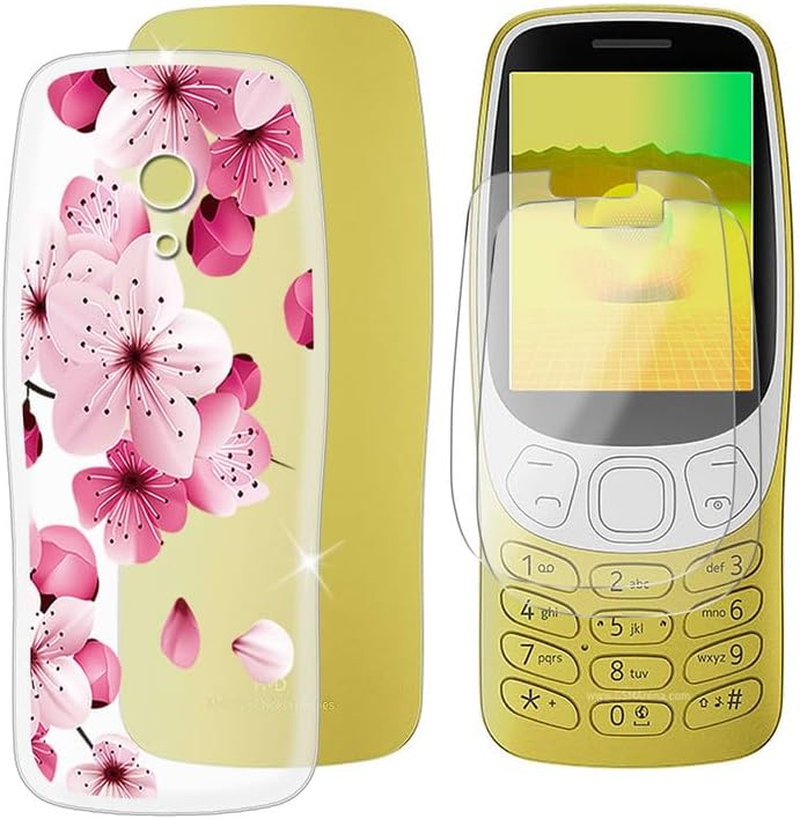 Mobile Phone Case for Nokia 3210 2024 (2.40 Inches) + Screen Protector (2 Sets), Non-Slip Bumper Case Shell Protective Cover + Tempered Glass - Pink Flowers image number 4