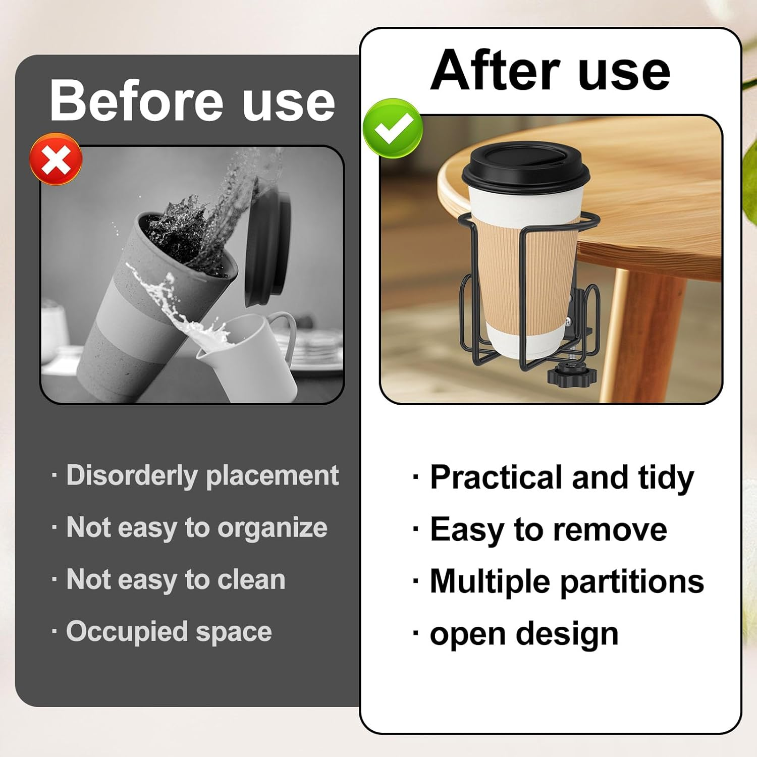 Desk Cup Holder, Clamp on Cup Holder with Adjustable Side Opening Metal Iron Versatile Easy to Install Clip on for Home Office Dormitory Use