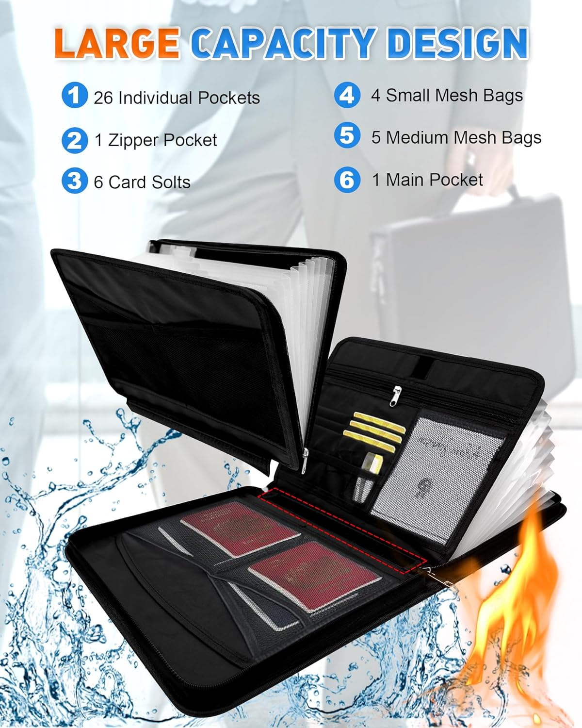 Fireproof Document Bag,A-Z -Accordion File Organizer 26 Pocket with Handle,Holder for Documents, Cash, Receipt, Birth Certificate, Passport, Citizenship Certificate, Etc. image number 1