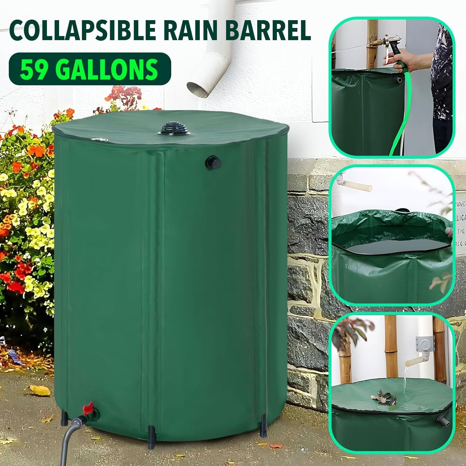 225L Rain Water Tank Barrel Rainwater Collection System Collapsible Bucket Portable Storage Container Catcher Garden Watering Harvesting 59 Gallon