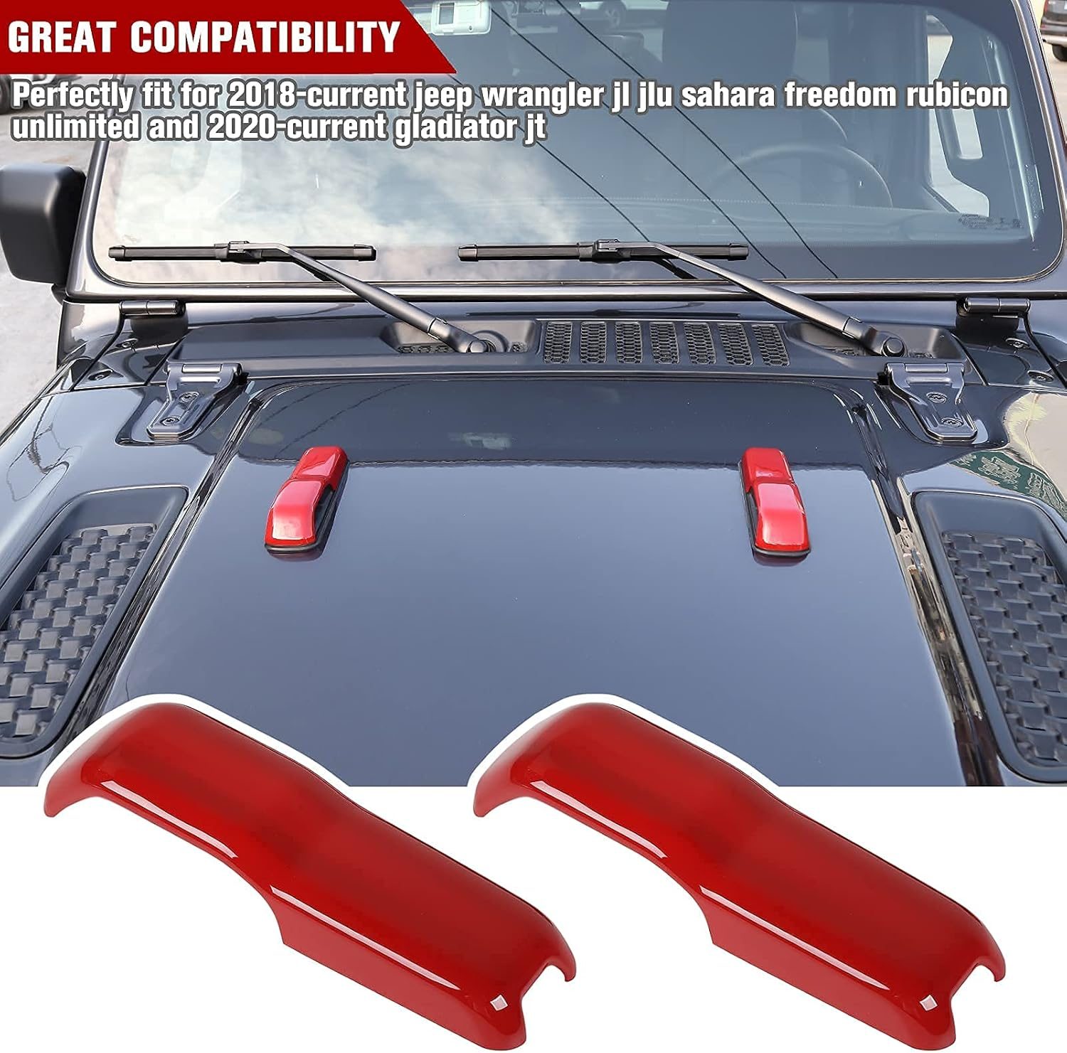 Voodonala Hood Hinge Cover Trim Exterior Accessories Decoration for 2018-2025 Jeep Wrangler JL JLU Sports Sahara Freedom Rubicon Unlimited Gladiator JT 2-Door & 4-Door 2PCS Red image number 1