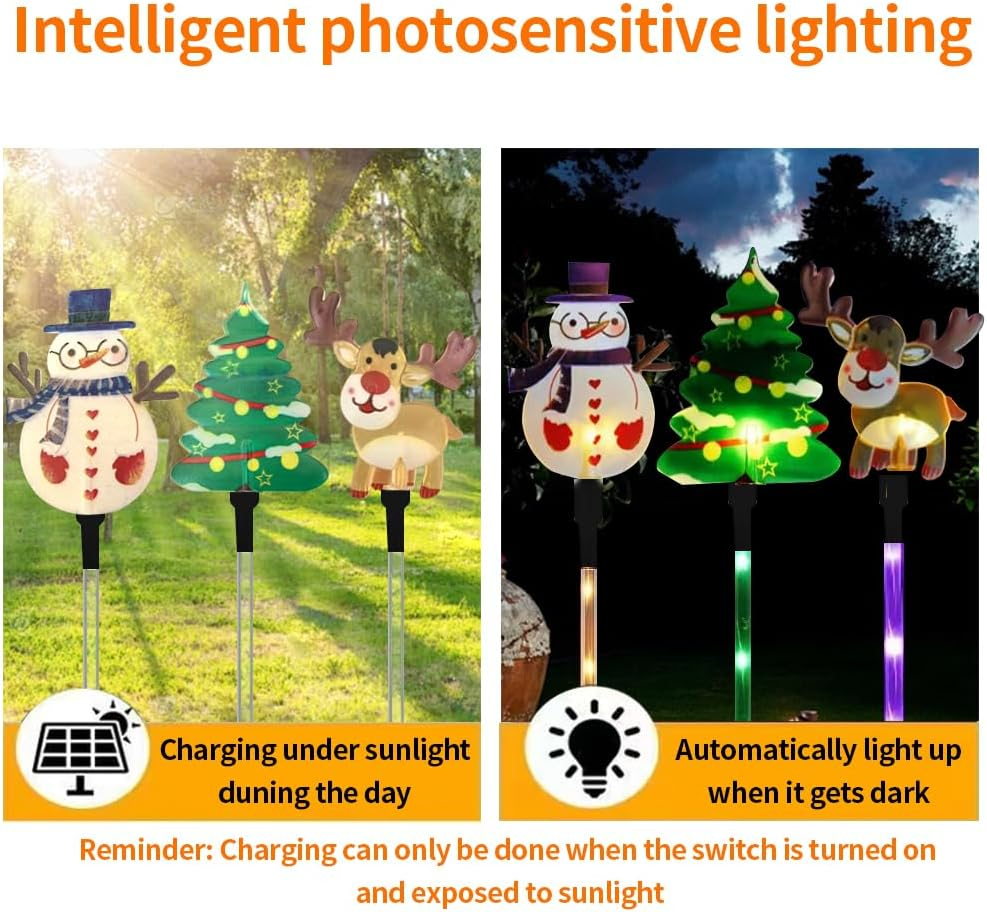 YZYOE 6 Pack LED Outdoor Solar Floor Inserted Christmas Decorative Lights, Waterproof Solar Courtyard Christmas Tree Snowman Reindeer Light, with 8 Colours Light Modes image number 3