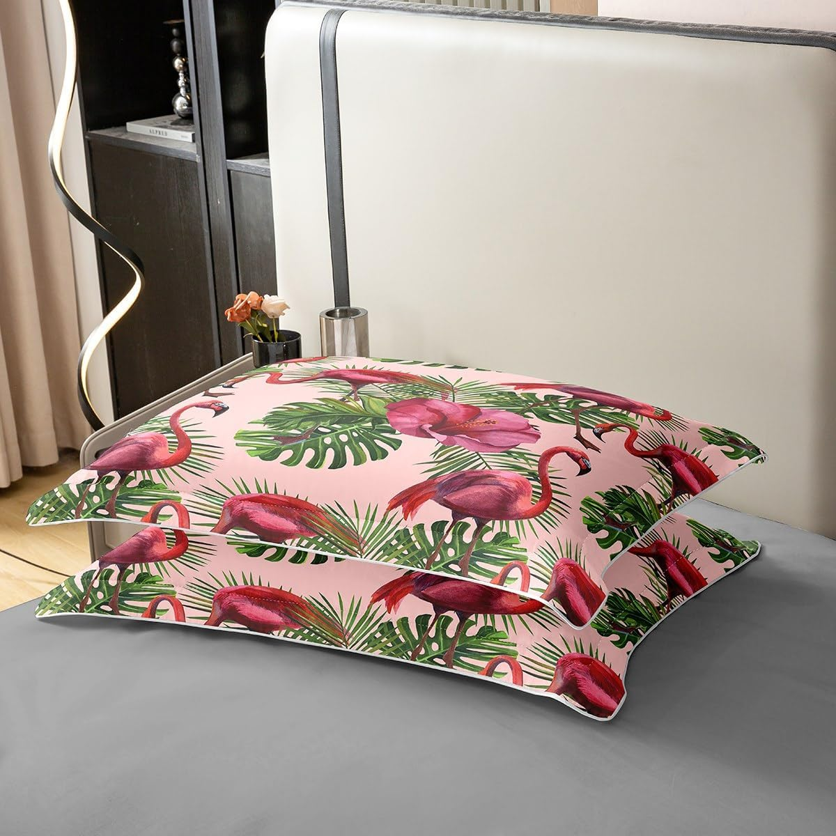 Loussiesd Flamingo Duvet Cover Set 155 X 220 Cm Children'S Tropical Flamingo Flroal Bed Set for Boys Teenagers Tropical Leaves Flower Bedding Set 100% Cotton Leaf Pattern Red Bedding Set image number 4