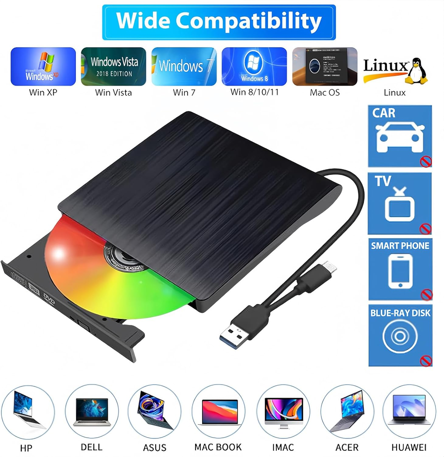 External CD/DVD Drive, USB 3.0 & Type-C Portable CD Burner - External DVD Drive for Laptop/Desktop, Compatible with Windows, Macbook, Linux - Slim External CD Drive for Laptops & Desktops image number 6