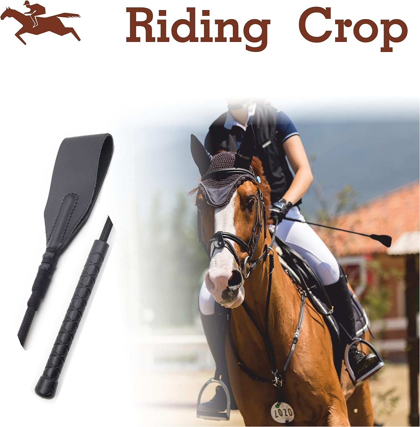 Riding Crop 18" for Horses, Horse Whip with Double Slapper, Equestrian Horse Crop, English Whip with Genuine Leather image number 1