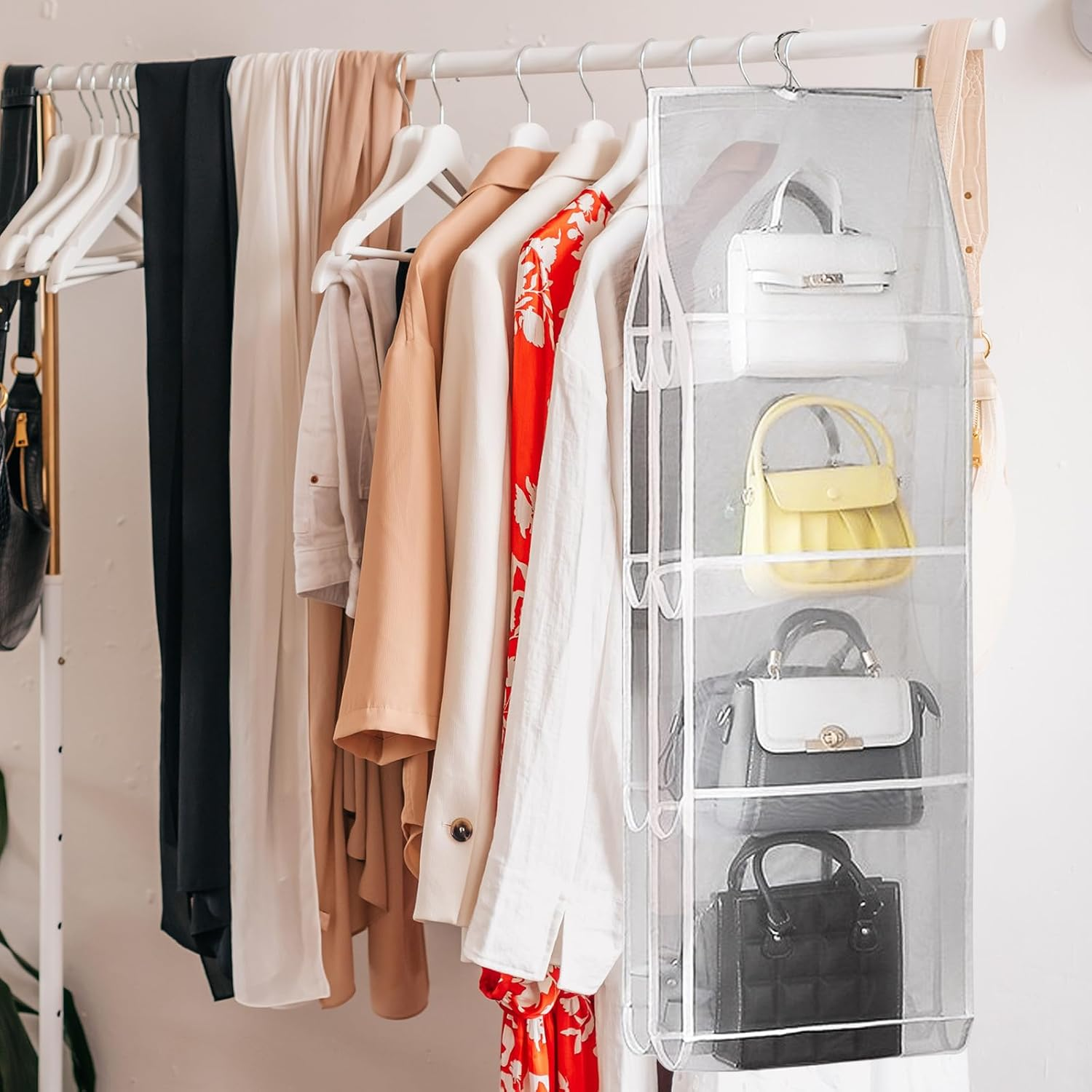 JECOMPRIS 4-Layer 8-Compartment White Hanging Purse Organizer Bag for Closet Storage, Multi-Pocket Handbag Holder Suitable for Wardrobe and Home Use image number 4