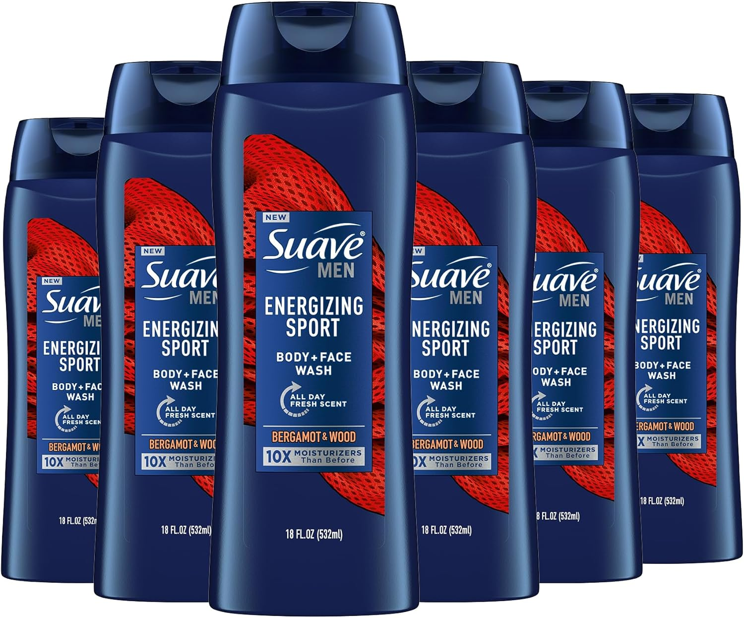 Suave Men Moisturizing Body & Face Wash, Energizing Sport with Bergamot & Wood Scent, No Parabens, No Phtahaltes, 18 Oz Pack of 6 image number 2