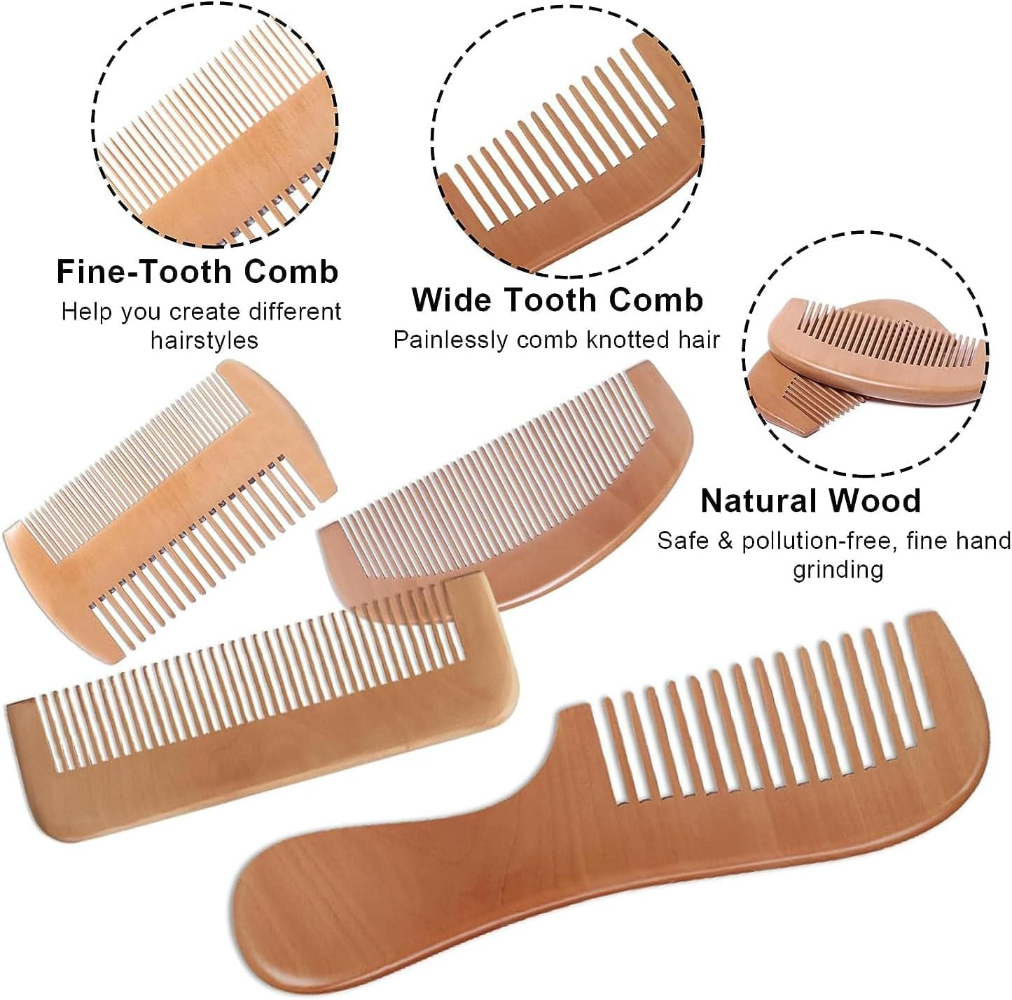4 Pcs Natural Bamboo Comb Set for Women & Men - Wide Tooth Detangling, Beard & Labor Combs for Curly, Thick, Wavy Hair with Gift Bag image number 2