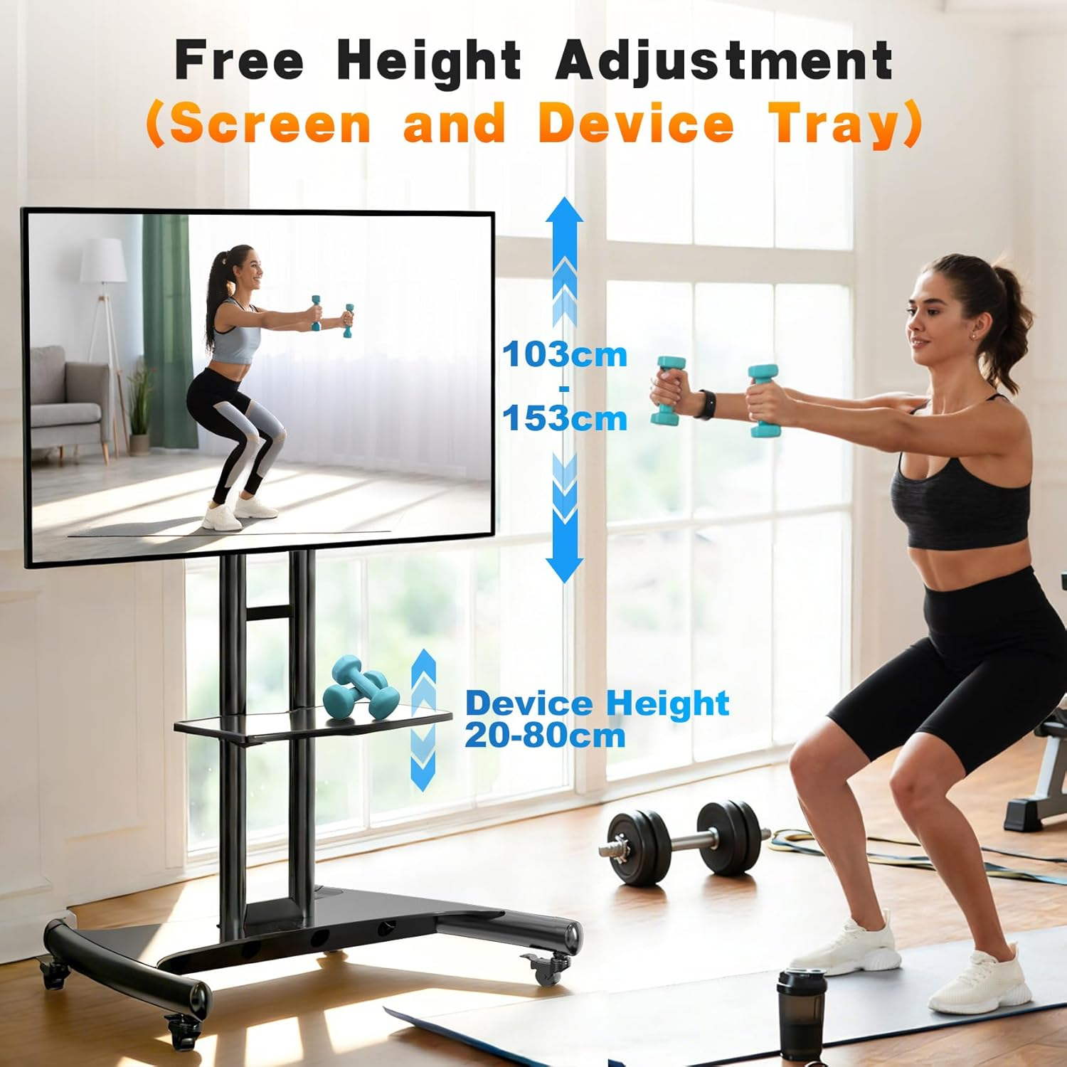 NB North Bayou TV Floor Stand with Wheels, Universal Rolling TV Cart with Storage Shelf - Height Adjustable TV Stand Trolley for 75 65 55 40 32 Inch Tvs for Home Office, Max Load 45.5KGS image number 6