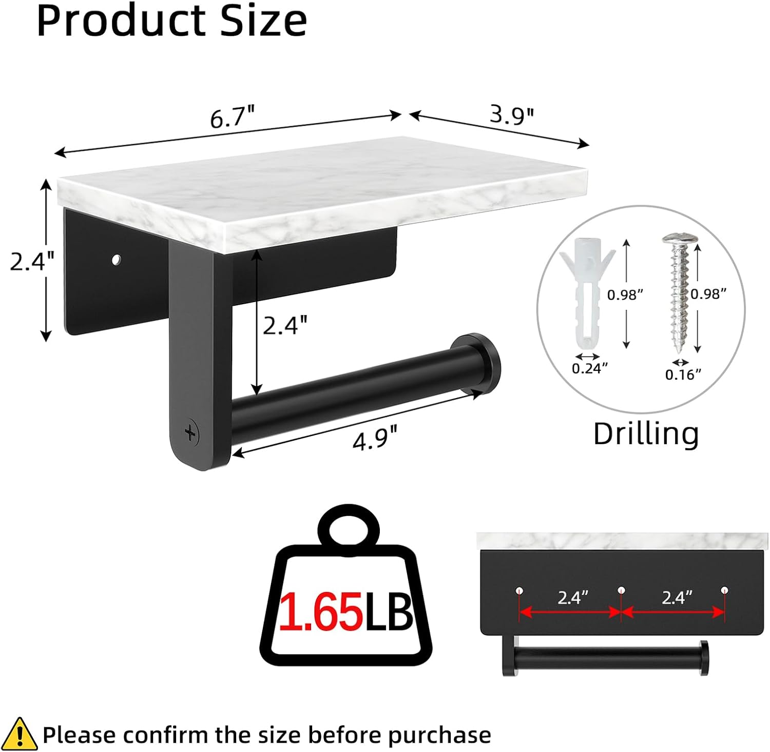 Gypie Marble Toilet Paper Holder with Shelf, 304 Stainless Steel Screw Wall Mounted, Tissue Roll Holder for Bathroom Washroom Matte Black image number 4