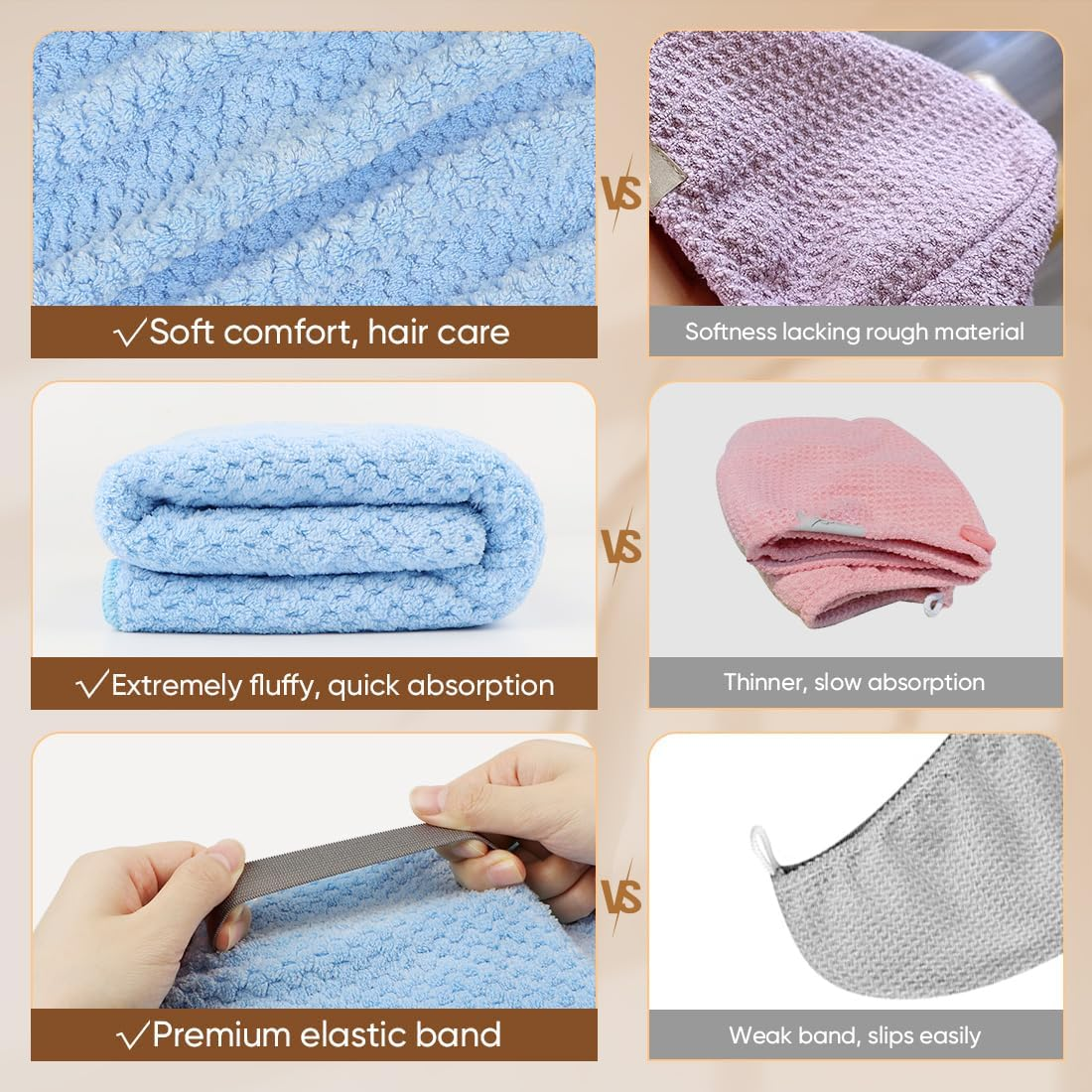 HOMEXCEL 5 Pack Microfiber Hair Towels - 40 X 20 Inches Super Soft, Fast Drying Turbans for Long, Thick, Curly Hair - anti Frizz Wrap with Elastic Strap image number 1