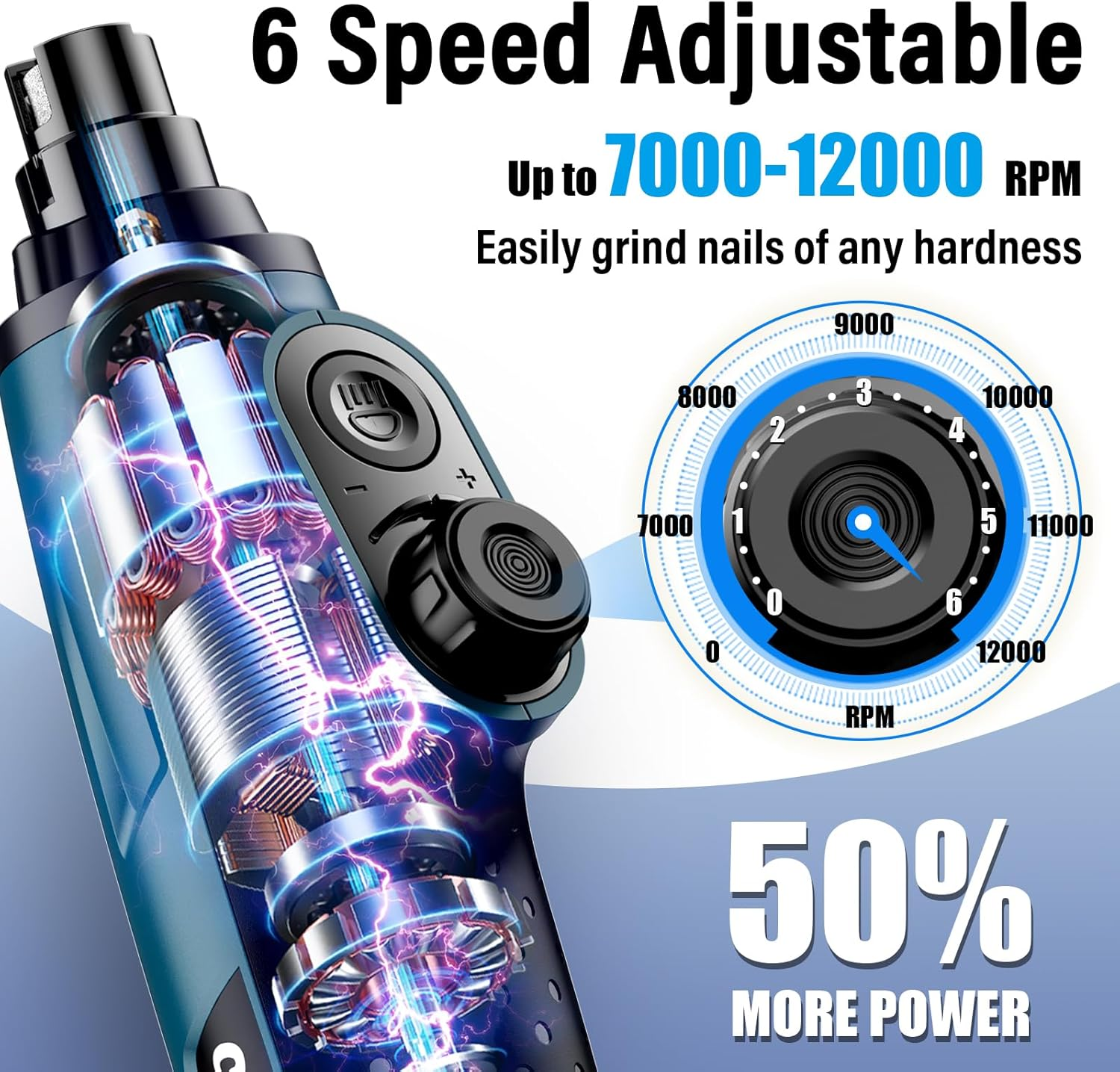 Casfuy Smart 6-Speed Dog Nail Grinder - 50% More Power Pet Nail Grinder with 2 LED Lights Quiet Rechargeable Electric Dog Nail Trimmers File Toenail Grinder for Large Medium Small Dogs & Cats (DB) image number 6