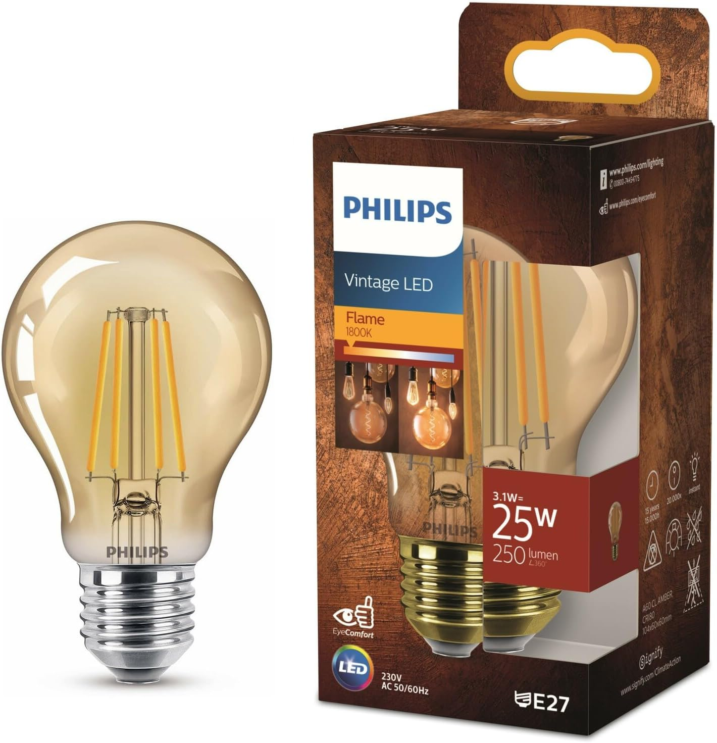 Philips LED Vintage Classic, Amber A60 Glob, 25W, 1800K, E27, Not Dimmable