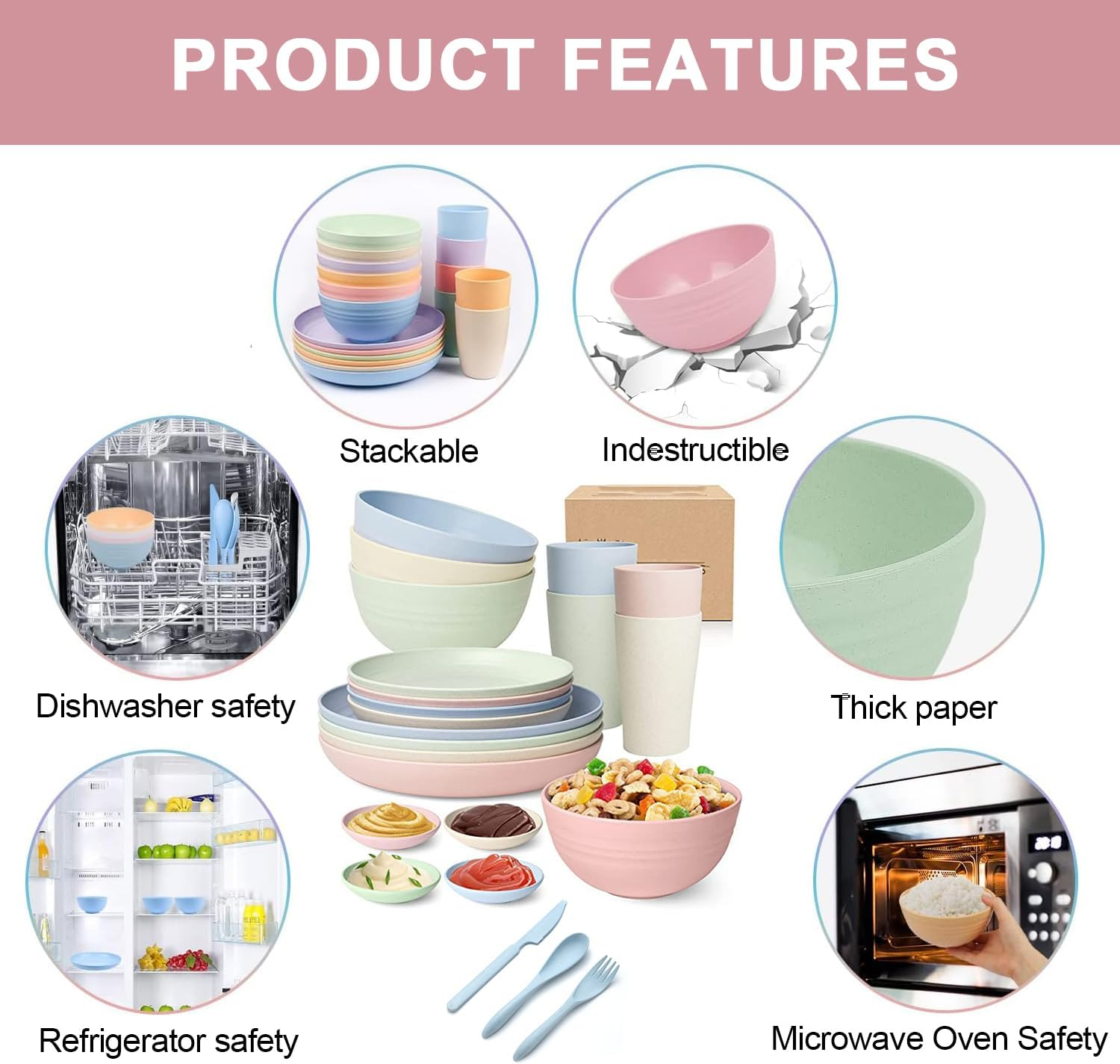 32 Pcs Wheat Straw Dinner Set for 4, Unbreakable Dinnerware Sets, Reusable Plates and Bowls Sets, Lightweight, Microwave & Dishwasher Safe, Eco Friendly, Perfect for Camping, Picnic【Size Upgrade】