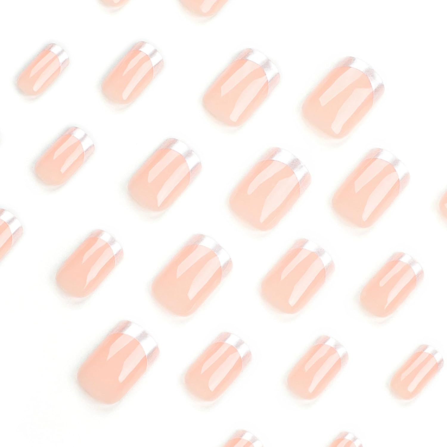 24Pcs Short Square Press on Nails French Tip False Nails Silver Edge Fake Nails Salmon Pink Stick on Nails Removable Glue-On Acrylic Nail Tips Wedding Bridal Accessories for Women image number 3
