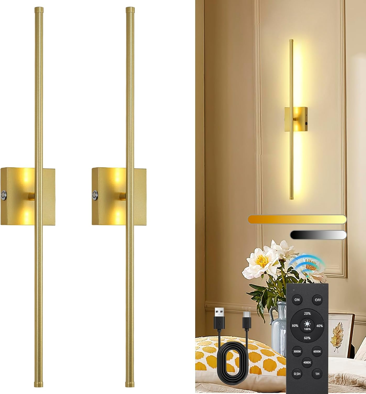 TPSHPTS Battery Operated Wall Sconces Set of 2, LED Rechargeable Wall Lights with Remote Control, 3 Colors Dimmable, 350&deg; Rotate, Gold Wireless Wall Lamp for Living Room, Bedroom, 28.3 Inch image number 6